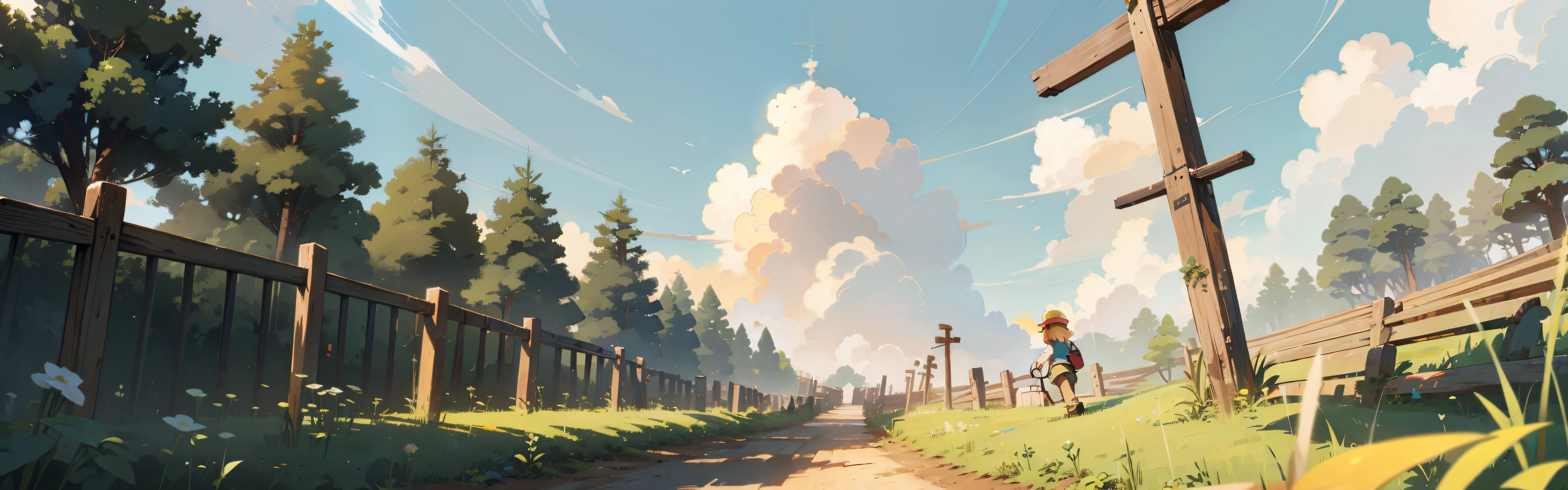 Forest, Terraces, Clouds, Wide Angle, Pioneer, Dirt Road, Traveling Merchant, Back, Go Forward, Wooden Cane, Ray Tracing, Comics, 3D Rendering, Cartoon, Cute Style, Sunny, Outdoor, Detailed, 4K, HD, High Quality