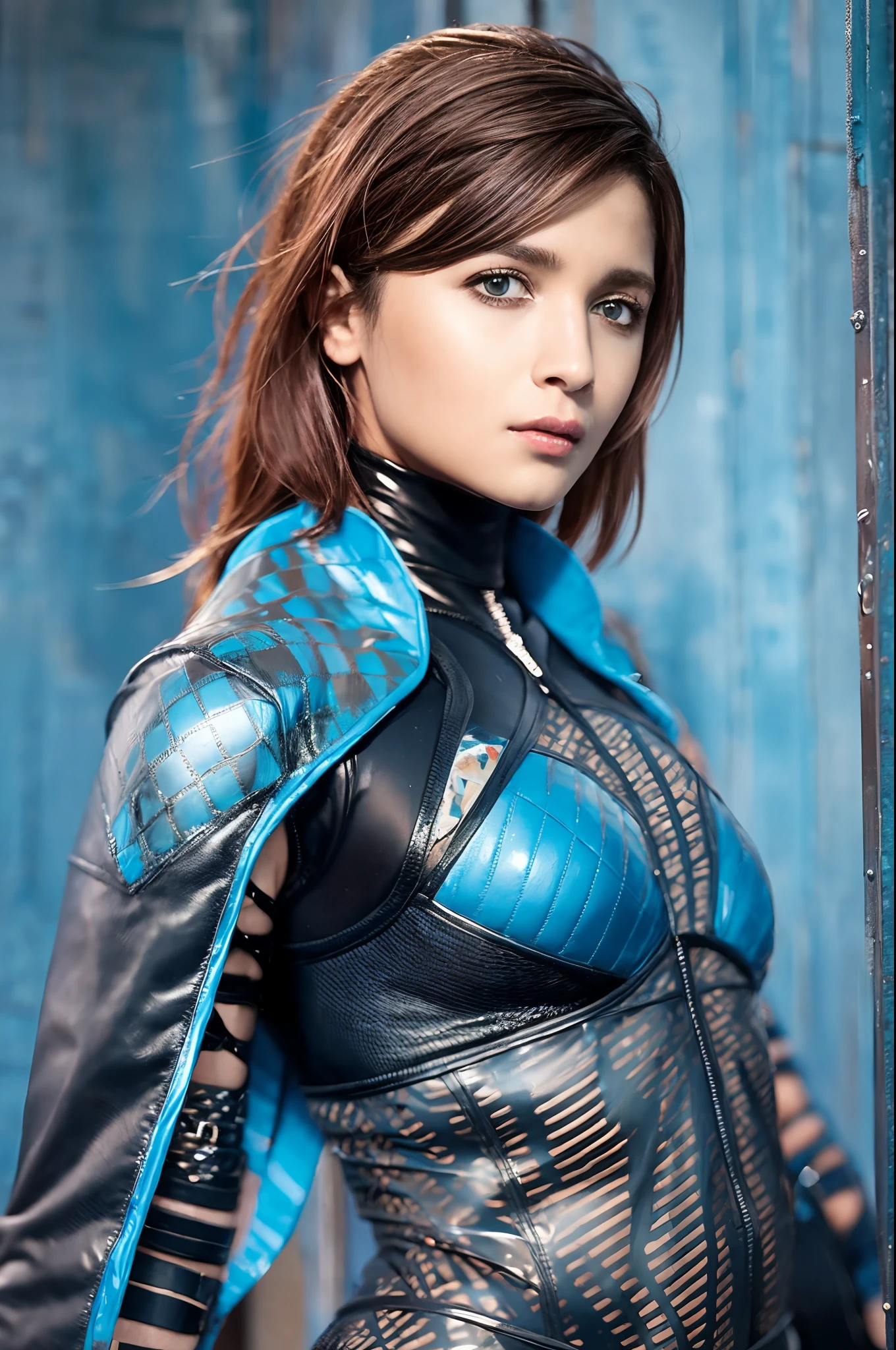 8K, Fuji Film, Photography, ((blue)) , Female redhead assassin and blue background, blue eyes, American actress face, Science fiction, fatal, scybernetic, Cyberpunk, Future punk, technical suit, Dynamic pose, Fighting stance, Highly detailed, absurderes, (Best quality), Full armor, Mecha, cybersuit, exosuit, Cape, ((blue solid color backdrop)), Natural skin, Photography, Lifelike, Sexy, Busty, Cyberpunk , futur, fcPortrait,