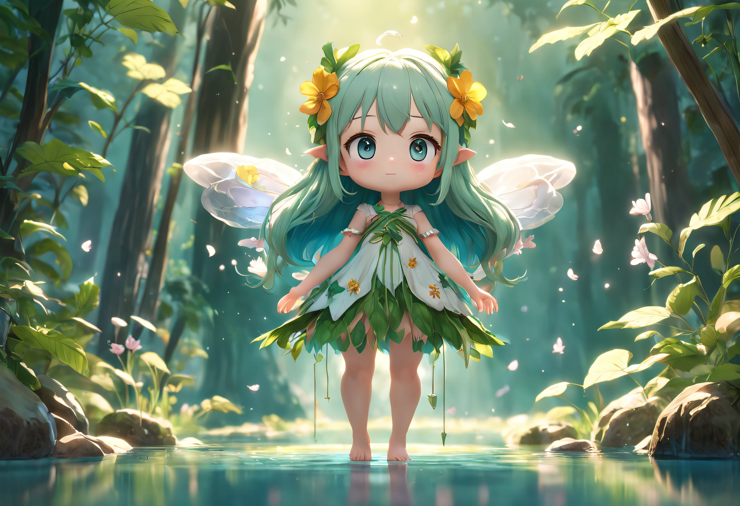 Super Cute Girl Full Body 3D Artwork, Front view, Side view, Back view, forest fae, doll, concept-art, t pose, Reference Sheet, popmart blind box, by Pixar, Long hair, Green watery - eyes, Flower Embellishment, Rattan decoration, Luxury goods, intricate-detail, 3d rendered, blender, OC Renderer, Predecessor lookup table, droolng, high details, 8K, Studio Lighting