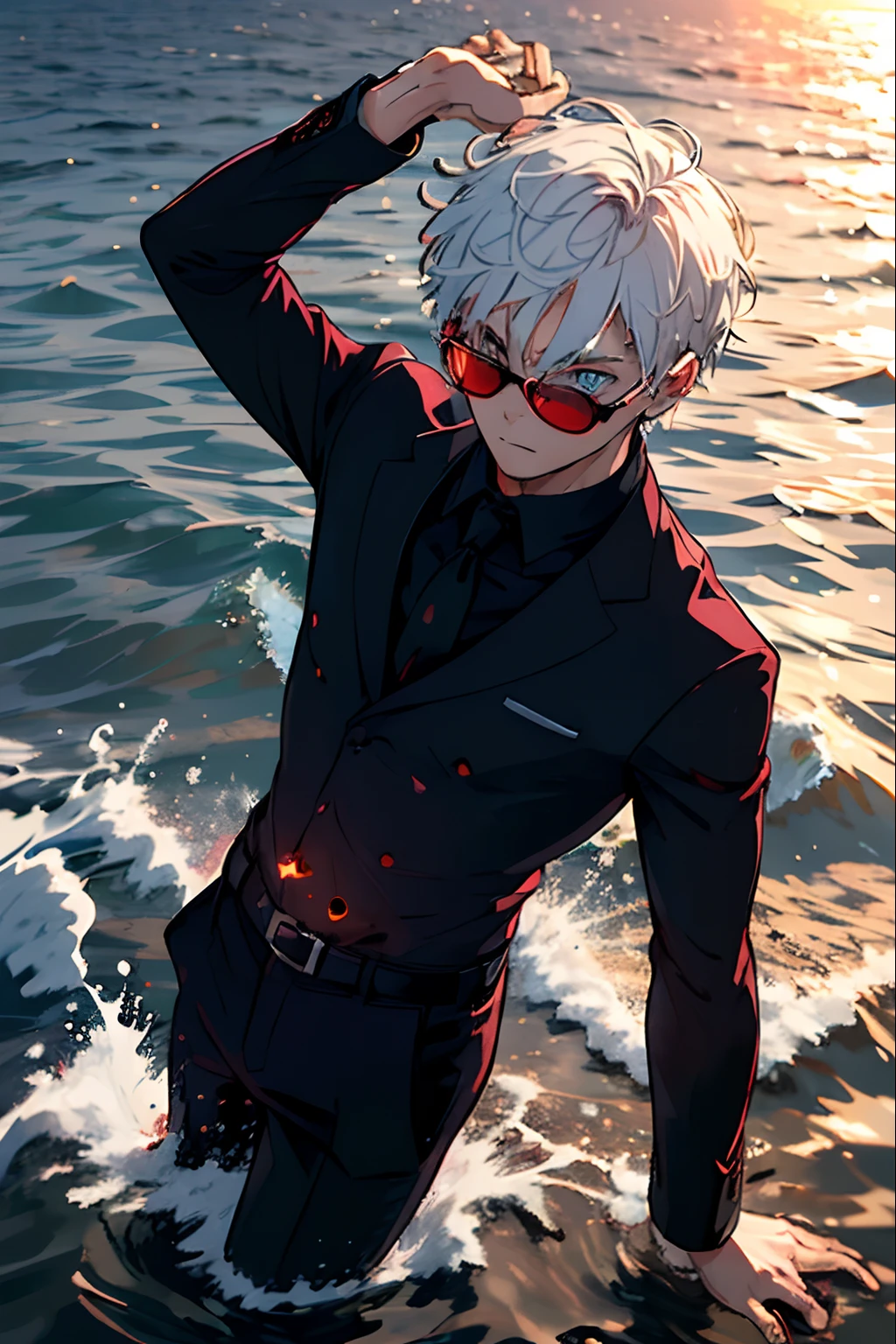 Dynamic pose, dynamic angle,from afar,((night)), beach, calm water without waves,boy at the water's edge,boy looking out to sea,arms outstretched towards the sea,messy spiky white hair, light blue eyes, purplish black suit, no tie, purplish black shirt, purplish black dress pants, rounded sunglasses,(dark red sphere floating in the water on the horizon:1.5),((motion trail in water by sphere)),