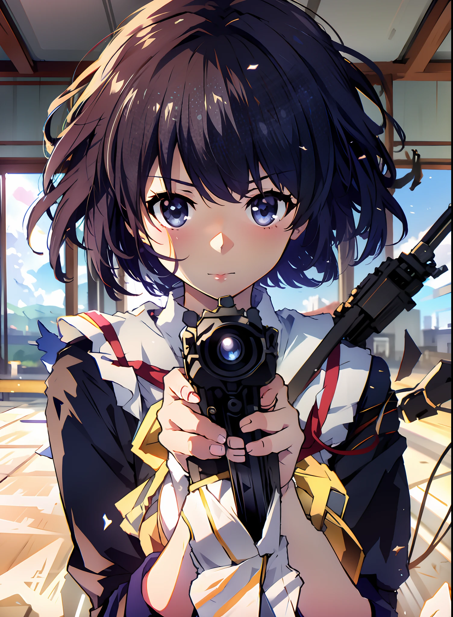 anime girl with a gun in her hand looking at the camera, a-1 pictures, style of anime4 K, anime big breast! 4 k'', anime big breast! 4K, railgun, Anime moe art style, Kantai collection style, photoshoot poses, 4k manga wallpapers, anime visual of a cute girl, anime machine gun fire, with pistol, distant!!, with rifle