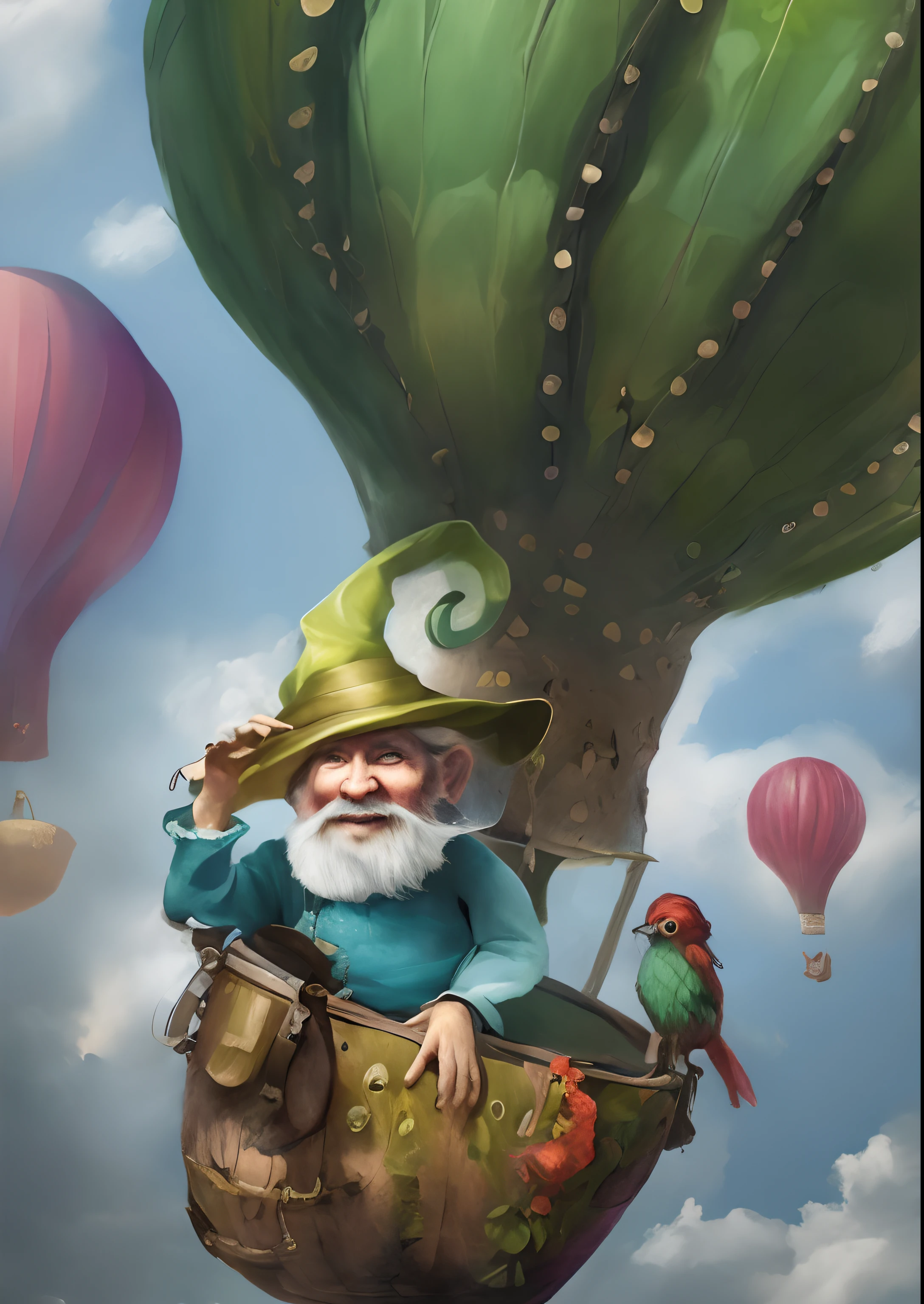 painting of a gnome mounted on a hot air balloon with a bird on the handle, gnomo ilusionista, Retrato de um gnomo chamado Eldon, inspirado em Esao Andrews, arte caprichosa, inspirado no ESAO, Um gnomo alquimista, inspirado em Jodorowsky, science fantasy painting, inspirado em John Maggs, inspirado em Aertgen van Leyden