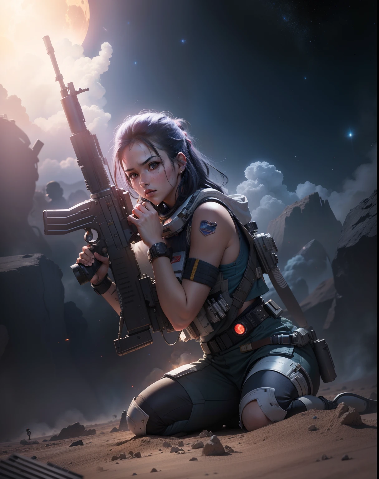 space girl with gun fighting wars, space battle war, fighting bad guys crouched down athletic shooting position, space station, smoke, gunfire, three armed enemy, two space suit bystanders, 64k resolution hyperdetailed, photorealistic, in the style of Robert Rodriguez