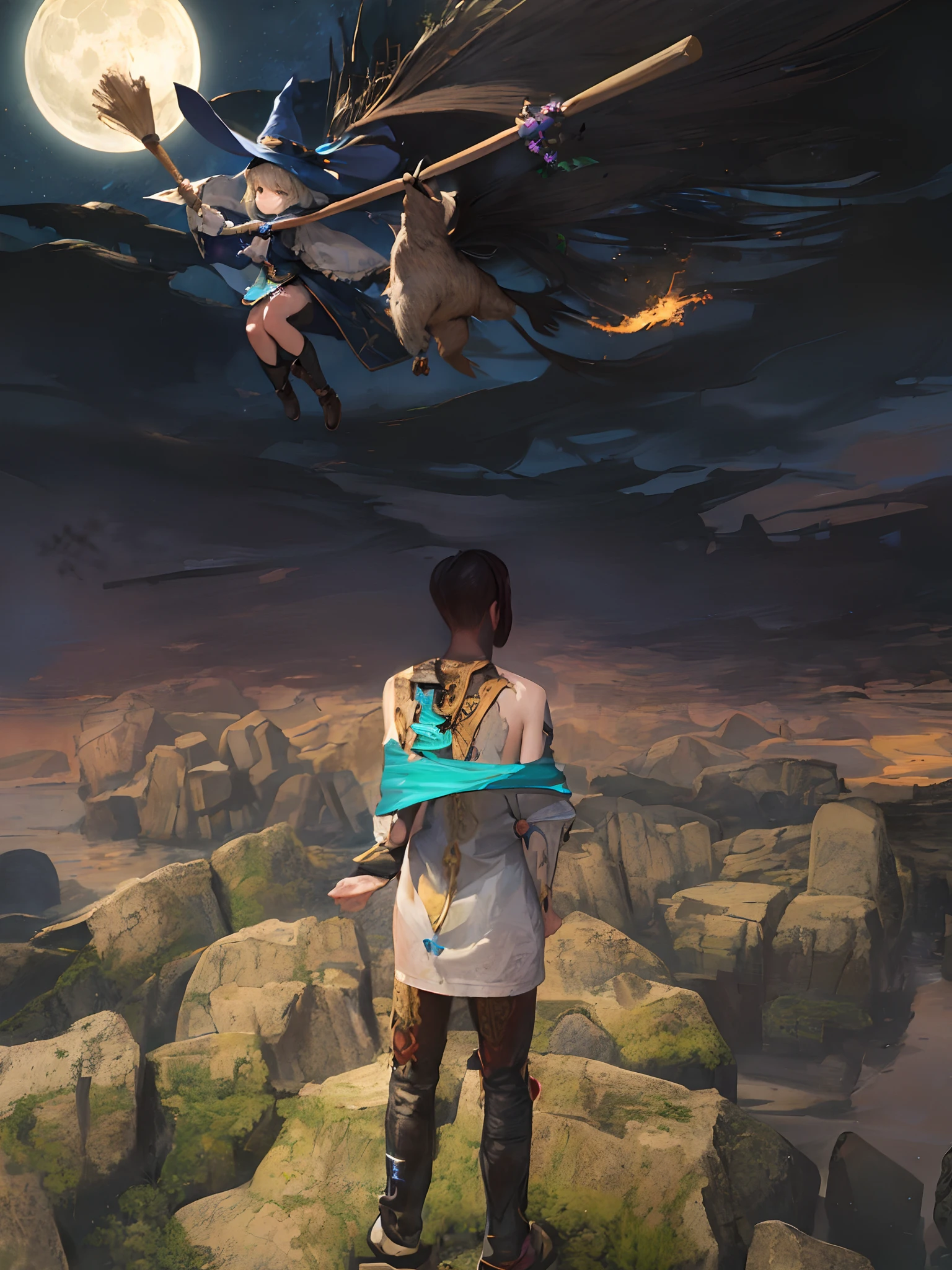 masterpiece, best quality, ultra-detailed, illustration, 1girl, solo, fantasy, flying, broom, night sky, outdoors, magic, spells, moon, stars, clouds, wind, hair, cape, hat, boots, broomstick, glowing, mysterious, enchanting, whimsical, playful, adventurous, freedom, wonder, imagination, determination, skill, speed, movement, energy, realism, naturalistic, figurative, representational, beauty, fantasy culture, mythology, fairy tales, folklore, legends, witches, wizards, magical creatures, fantasy worlds, composition, scale, foreground, middle ground, background, perspective, light, color, texture, detail, beauty, wonder.