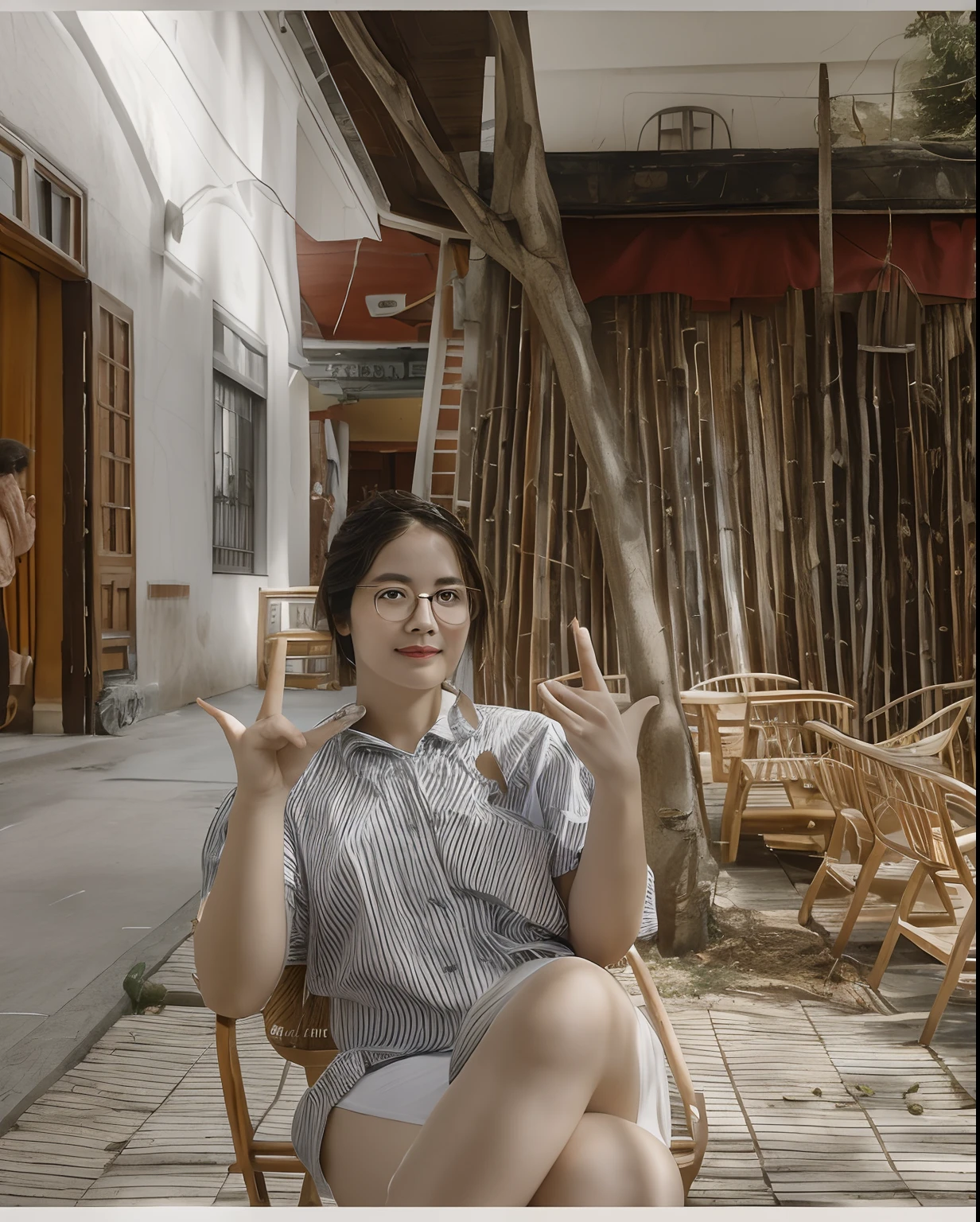 there is a woman sitting in a chair making a peace sign, inspired by Ruth Jên, dang my linh, in style of lam manh, inspired by Cui Bai, inspired by Gao Kegong, inspired by Weiwei, by Ruth Jên, shot with sigma f / 4. 2, shot with sigma f/ 4.2