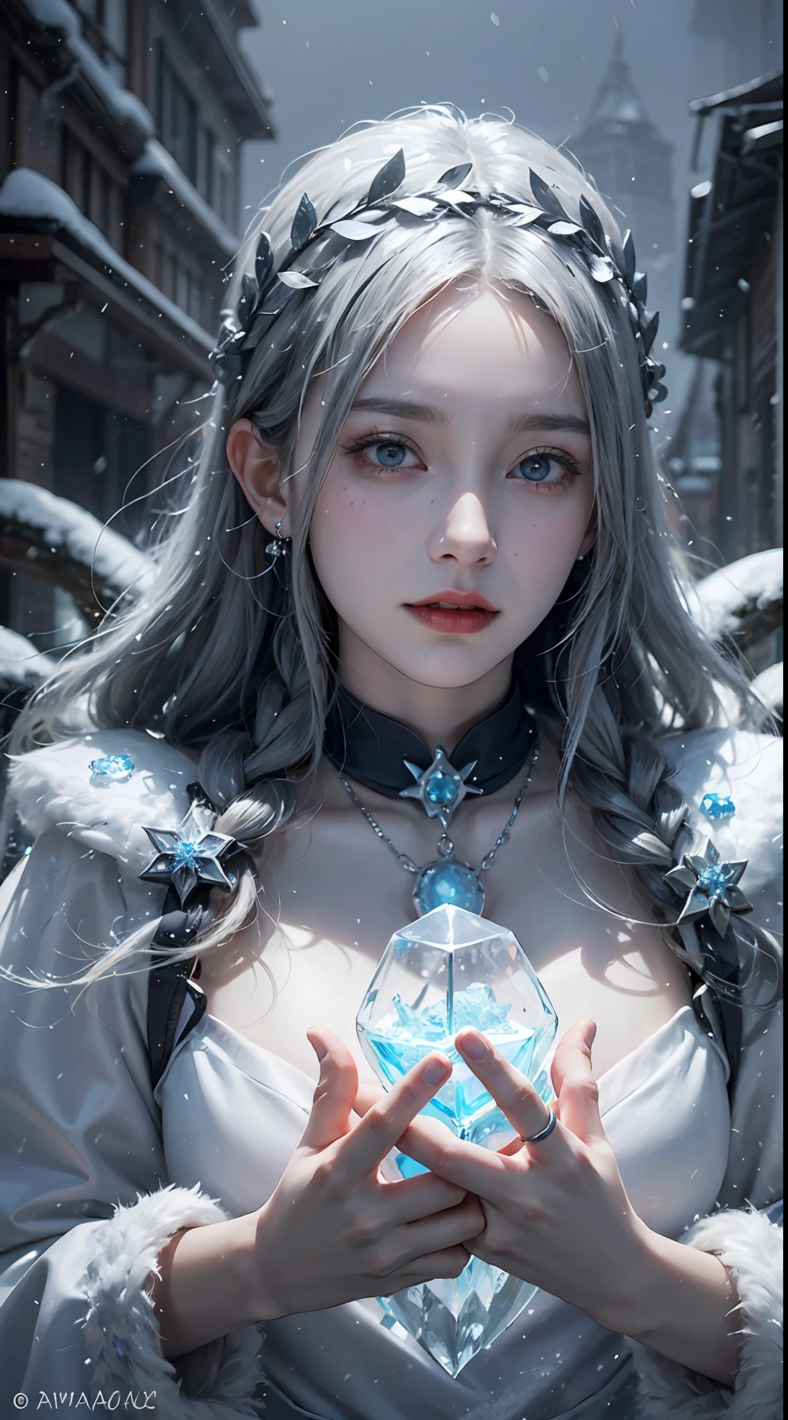 Beautiful goddess of ice and snow, Ice magician, ice element, Intricate design and details, Eerie mist, Cold, Blizzard storm, The Conjuring Ice Spell, Cast ice spells, Realistic ice effects, Snow grains, dark fantasy art style, Ruined city, Dramatic lighting, Cinematic