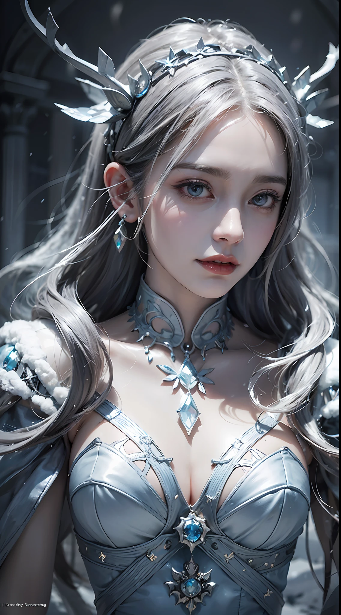 Beautiful goddess of ice and snow, Ice magician, ice element, Intricate design and details, Eerie mist, Cold, Blizzard storm, The Conjuring Ice Spell, Cast ice spells, Realistic ice effects, Snow grains, dark fantasy art style, Ruined city, Dramatic lighting, Cinematic
