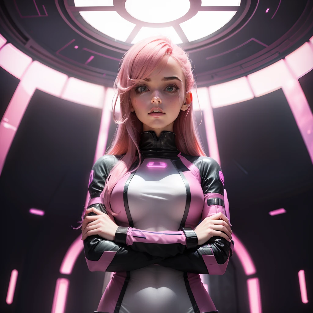 Woman standing in futuristic room,Pink hair like a hamman,Narrowed eyes.I'm crossing my arms.,