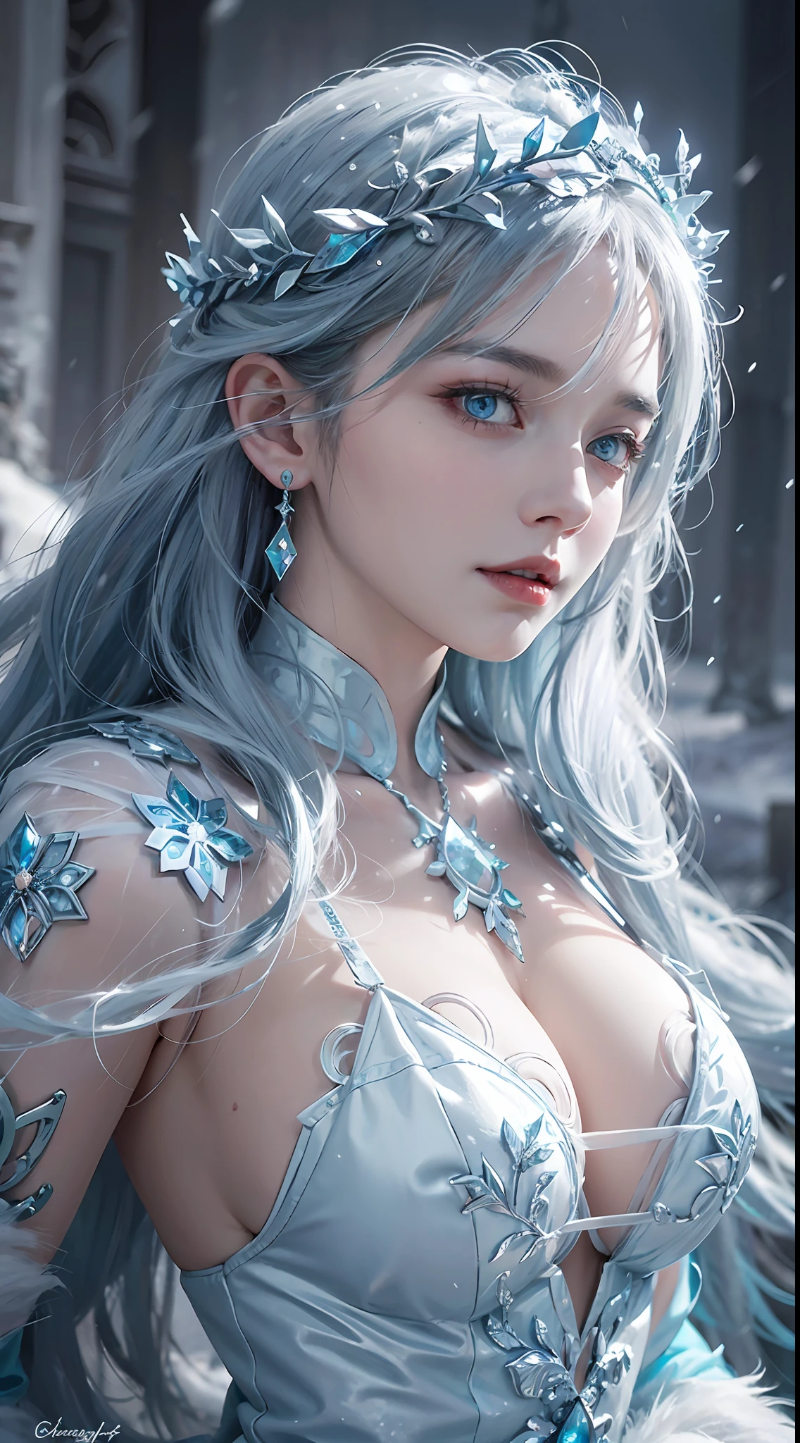 Beautiful goddess of ice and snow, Ice magician, ice element, Intricate design and details, Eerie mist, Cold, Blizzard storm, The Conjuring Ice Spell, Cast ice spells, Realistic ice effects, Snow grains, dark fantasy art style, Ruined city, Dramatic lighting, Cinematic