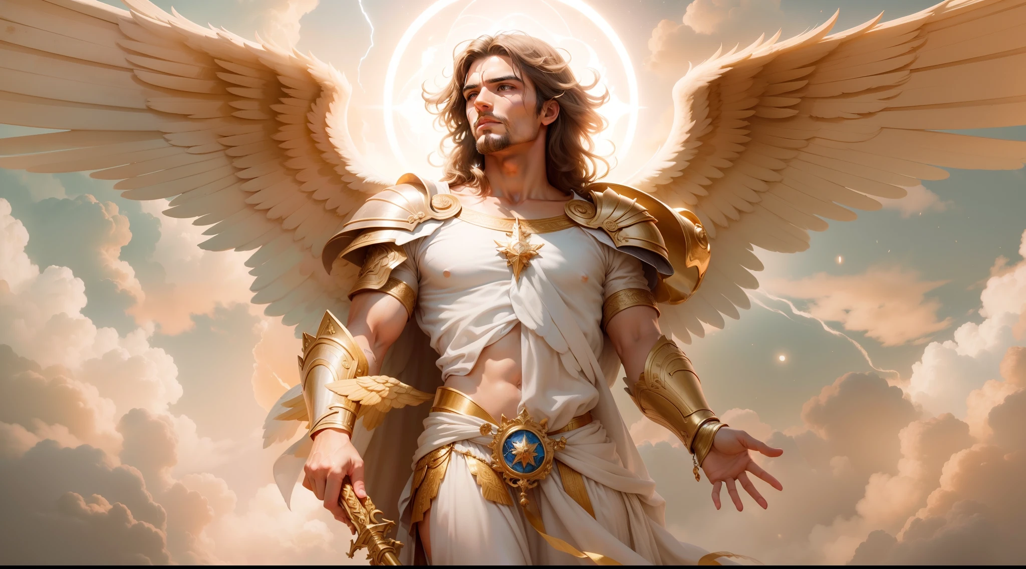There is a painting of a beautiful angel with large wings in the sky, Anjo majestoso de corpo inteiro, vestido com roupas brancas e vermelhas, biblical accurate angel, Arcanjo Miguel, anjo protegendo em guarda, angel spirit guide, angelic, Arcanjo Miguel, humano alado, epic angel wings, anjo lindo, anjo, being brilliant angelic, angelic, Tema de anjo, Alto Anjo tiro distante, Biblical setting, anjo guerreiro, with a spear in his hand, vestes vermelhas estilo soldado romano, anjo aparentando idade de 40 anos e majestoso, um personagem masculino, o arcanjo Miguel, imagem celestial, detalhes intricados, realista, asas ROSAS e grandes, fundo angelical, Catholic illustrative image of the archangel Michael, Male character of the Bible, Michael is wearing his angelic armor, cosmic background, Illumination in the Archangel and in the background, imagem do corpo todo do anjo, Maximum detail and his angelic face and wings, pele perfeita realista, Maximum image quality, Miguel ele esta destacado na imagem com cores fortes e chamativas.