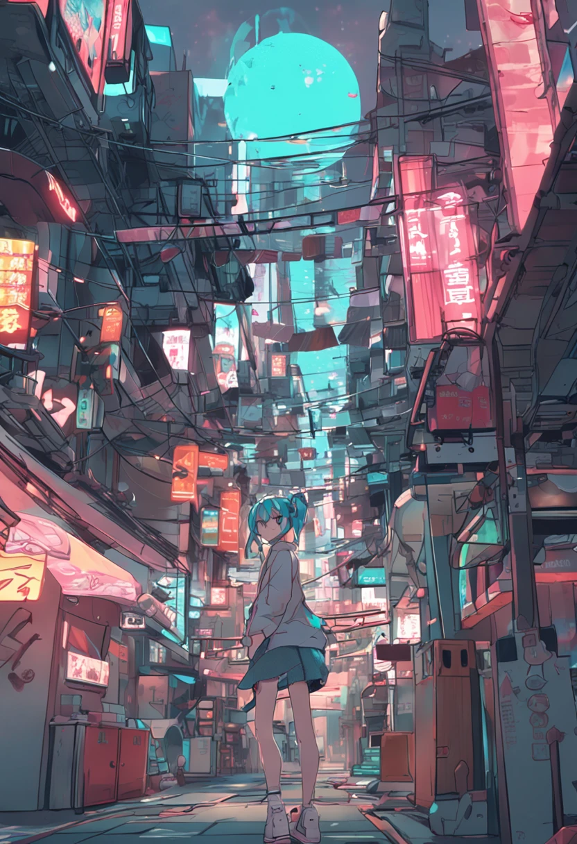 Modern Simulation，Anime-style environment wide-angle shooting，Nightly chaotic arcade shots; Hatsune Miku in street clothes;科幻小说. 。.3D. Environmental Arcade Art.，Cyberpunk Personality，firearm