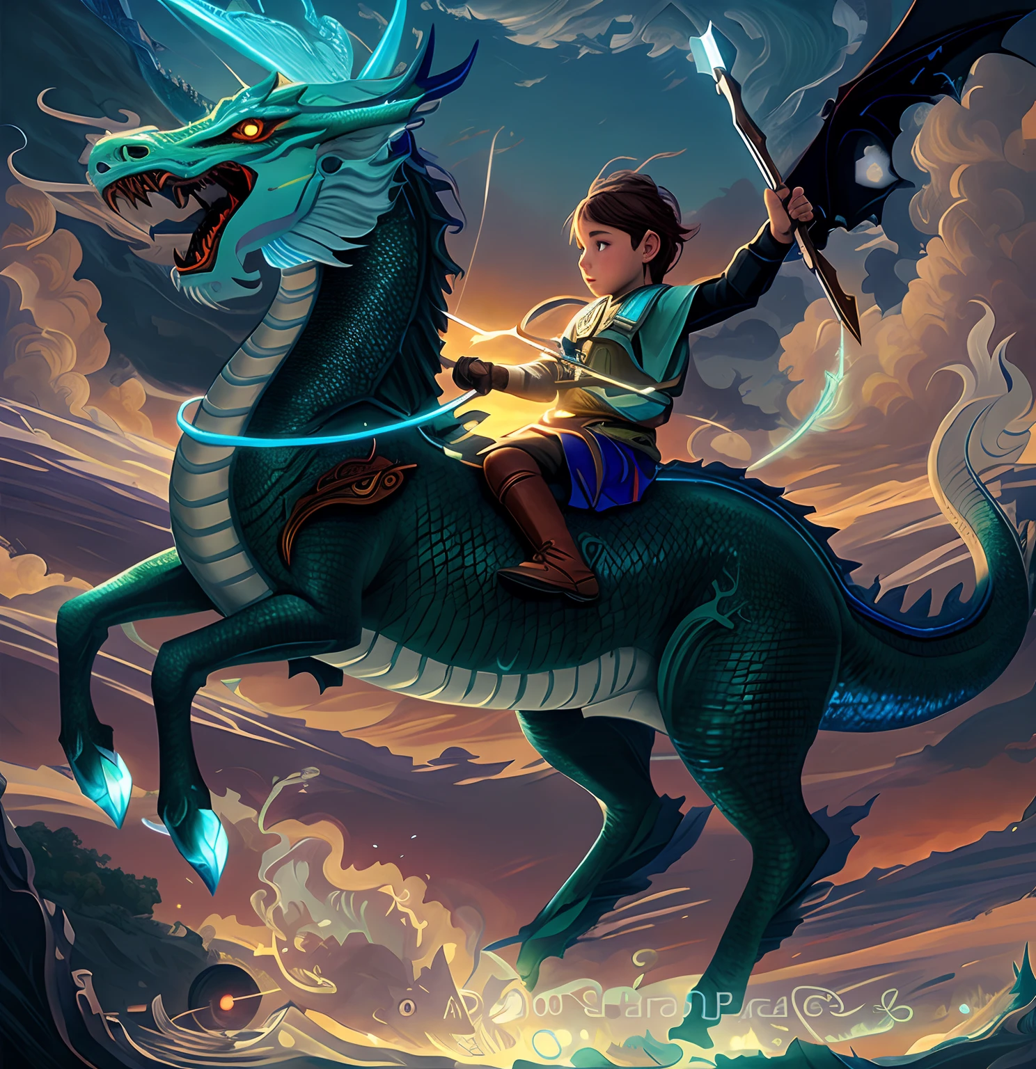 The boy rides a horse with a sword and a blue-black dragon..,evening,Green Sea Dragon Rider, Dragon Ride, android jones and rhads, epic fantasy digital art style, teenage girl riding a dragon, Fat vs Dragon. passenger, Children's art in art, Epic Fantasy Illustration, Jesus rides a dragon, by Adam Marczyński, digital painting greek mythology