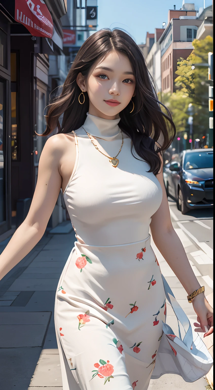(Masterpiece, Best quality), Young woman, perfect slim fit body, (Huge breasts), big gorgeous eyes, Soft smile, Delicate turtleneck print sun dress, necklace, shairband, afternoon walk, City garden, Excellent lighting, Bright colors, Clean lines