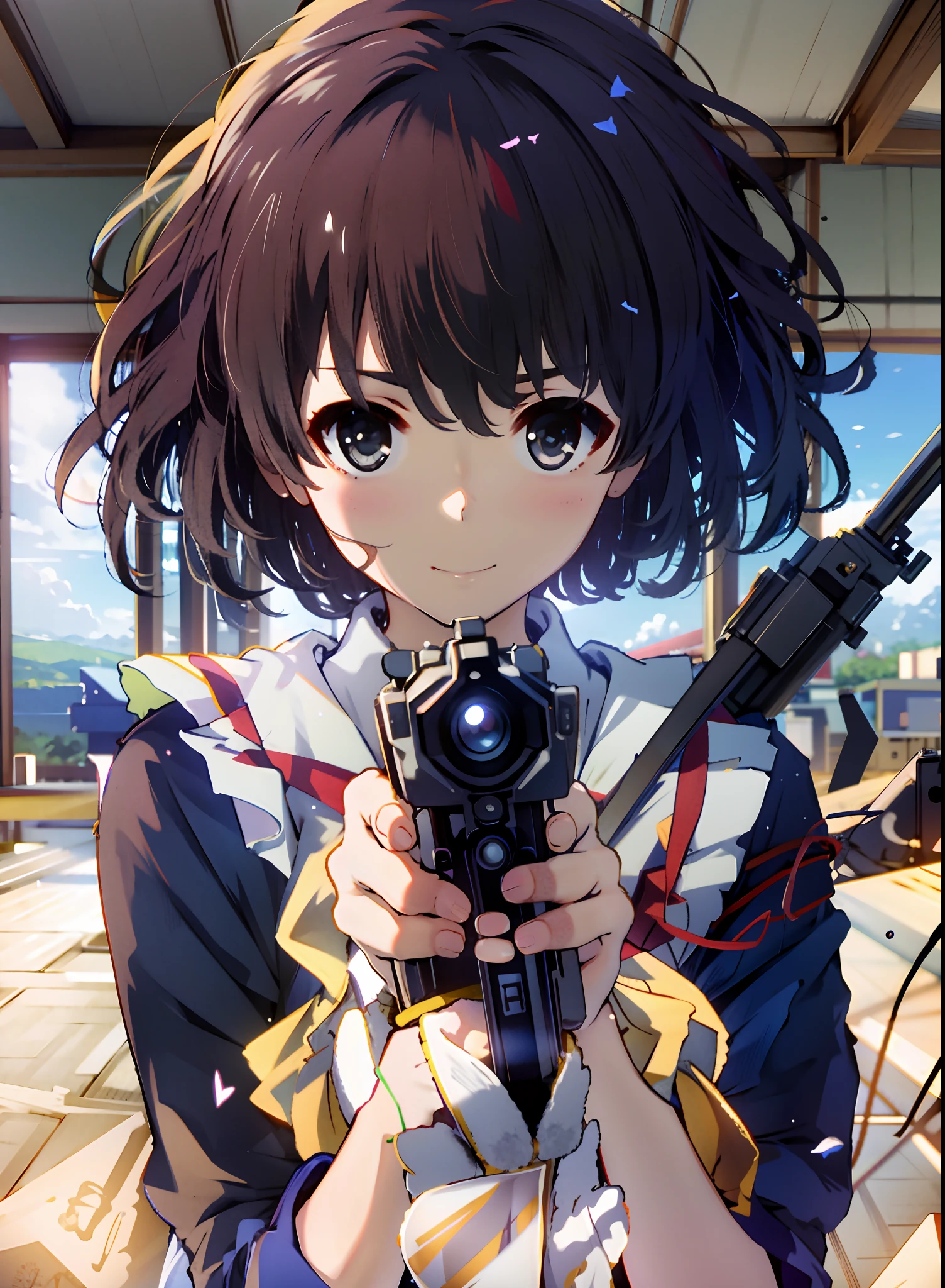 anime girl with a gun in her hand looking at the camera, a-1 pictures, style of anime4 K, anime big breast! 4 k'', anime big breast! 4K, railgun, Anime moe art style, Kantai collection style, photoshoot poses, 4k manga wallpapers, anime visual of a cute girl, anime machine gun fire, with pistol, distant!!, with rifle