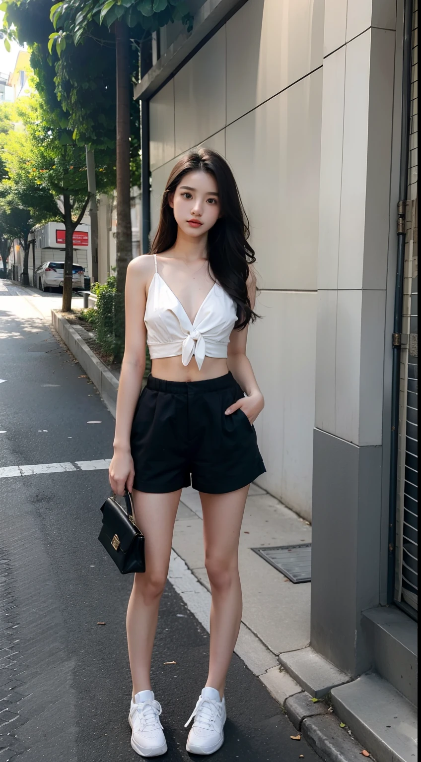 Ultra high quality, Full body like,Refined face,Beautiful girl of 18 years old,with a good figure,Smaller bust,in blouse wearing,Waist shorts,Wear small white shoes,Street scene,Stand tall,The upper body is tied