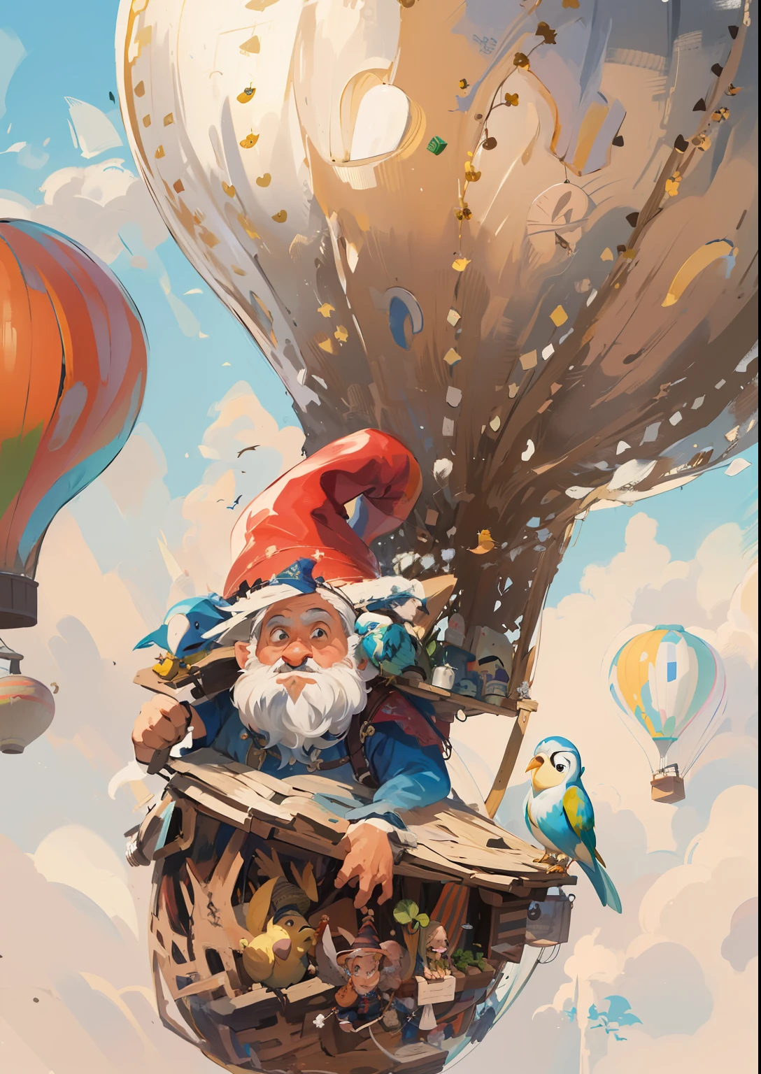 painting of a gnome mounted on a hot air balloon with a bird on the handle, gnomo ilusionista, Retrato de um gnomo chamado Eldon, inspirado em Esao Andrews, arte caprichosa, inspirado no ESAO, Um gnomo alquimista, inspirado em Jodorowsky, science fantasy painting, inspirado em John Maggs