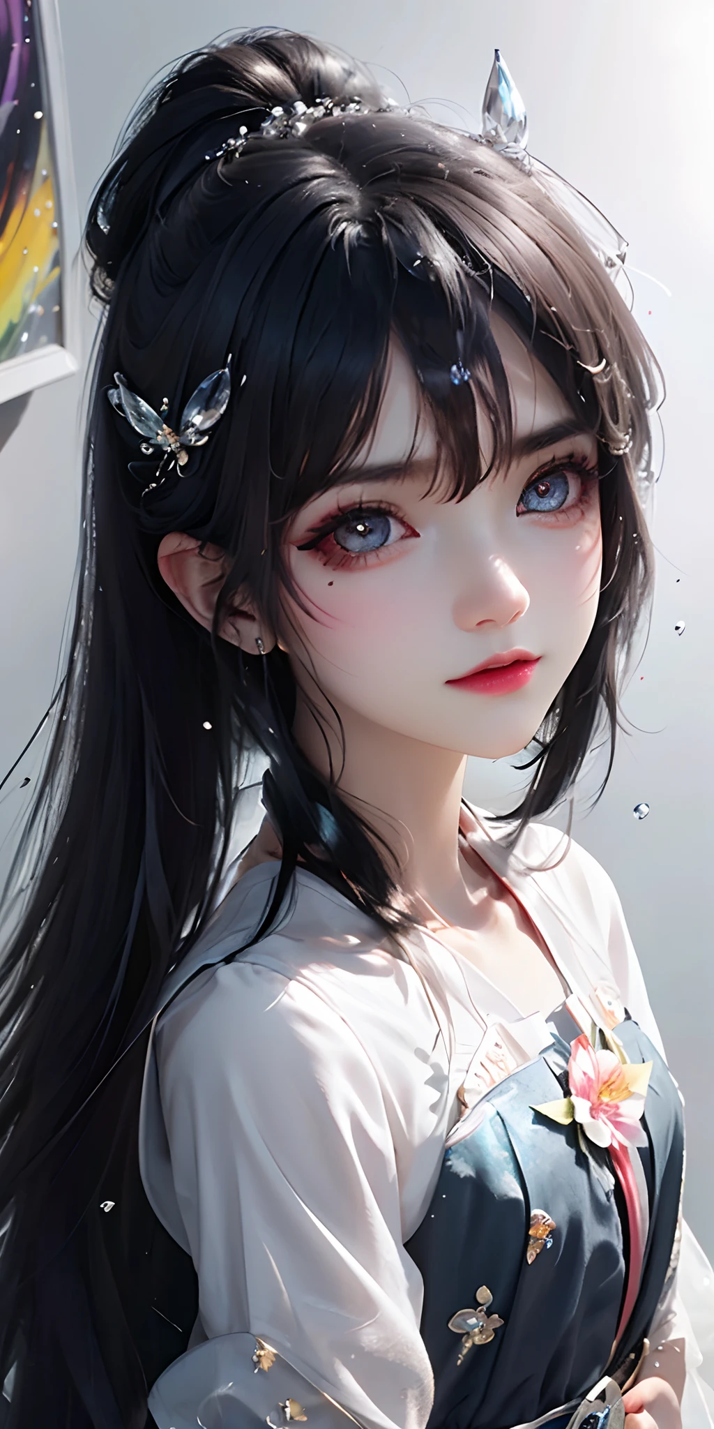 (Pink fashion T-Camisa,:1.9),(Colorful hair:1.8),(Rainbow all colors:1.8),((((Vertical painting:1.6))),(painterly:1.6),front side,comic,illustration,painterly,with big eyes,Crystal clear,(Iridescent gradient high ponytail:1.7),elaborate makeup,closed Mouth,(Small fresh:1.5),long lashes,White shoulder T- Camisa,, White Shoulder Shirt,looking at the viewers,watery big eyes,(rainbow color Hair:1.6), Color Splash, (solo:1.8), Color Splash, Color explosion, Color Splash, Color explosion, Thick lacquer style,Messy lines,((Shiny,)) ,(colorful,,), Thick Paint Style, (Splash) (Color Splash), Vertical Painting, upper body, Paint Splash, Acrylic Pigment, Gradient, Paint, Highest Image Quality, the highest picture quality, Masterpiece, Solo, depth offield, Face Paint, colorful clothes, (elegence: 1.2), Ornate, long haired, aeolian, (elegence: 1.3), (petaled: 1.4),(((master masterpiece))),(((the best quality t))),((ultra Detailed)),(illustartion),(Dynamic Angle),((floating)),(painti),((Loose hair)),(solo),(1girl) , (( (Detailed anima face))),((Beautiful detailed face)),collars,Shoulders exposed,White Hair,((colourfel hair)),((streaked hair)),Beautiful detailed eyes,(Gradient eyes),(( (color eyes))),(((colorfully background))),(((high satur))),(((Surrounded by colorful splashes))),(Hanfu)