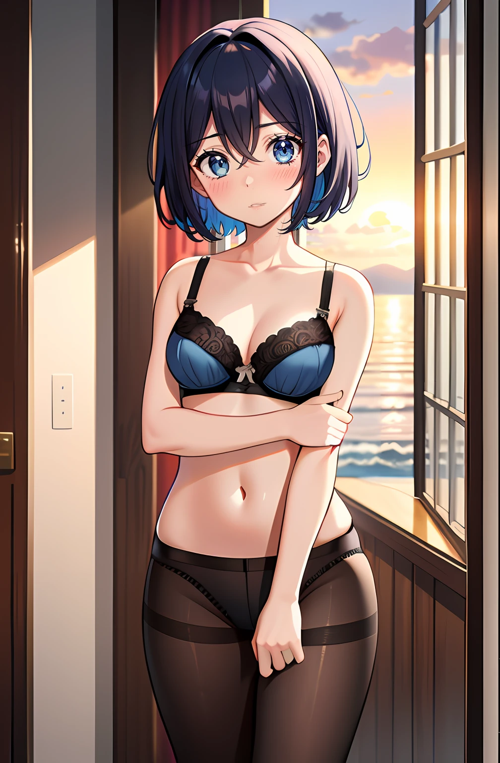 [pelaV4], ((masterpiece)), ((beautiful 2D art)), ((solo portrait)), ((Cute)), ((front view)), ((High quality)), ((HD)), ((anime)), ((detailed shading)), {woman; (cute blue eyes, short eyelashes, short blue hair, (surprised), (blushing)}, {(in underwear), (black bra), (see-through pantyhose)}, {(standing), (covering chest), (looking at viewer)}, [Background; bedroom, window, (sunset)]