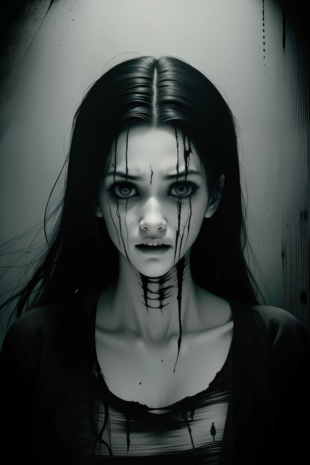 "Nostalgic black and white illustration,THE TERRIFYING ATMOSPHERE OF JUNJI ITO'S WORKS,Horror horror,Spooky and terrifying,Weird twist,darkly,contortion,dreads,bblurry,Paint brush strokes,Dense lines,Frightened face,Twisted body,Bloody details,Horror scenes,Weird creatures,Confusion,Creepy storyline,A suffocating tension,ghost,Deep dark circles,Scary background music,Fight for survival,supranatural,The demons,Hint at terrible events,suspenseful,Unidentified creatures in dark corners,Mysterious events,Nightmarish picture。"