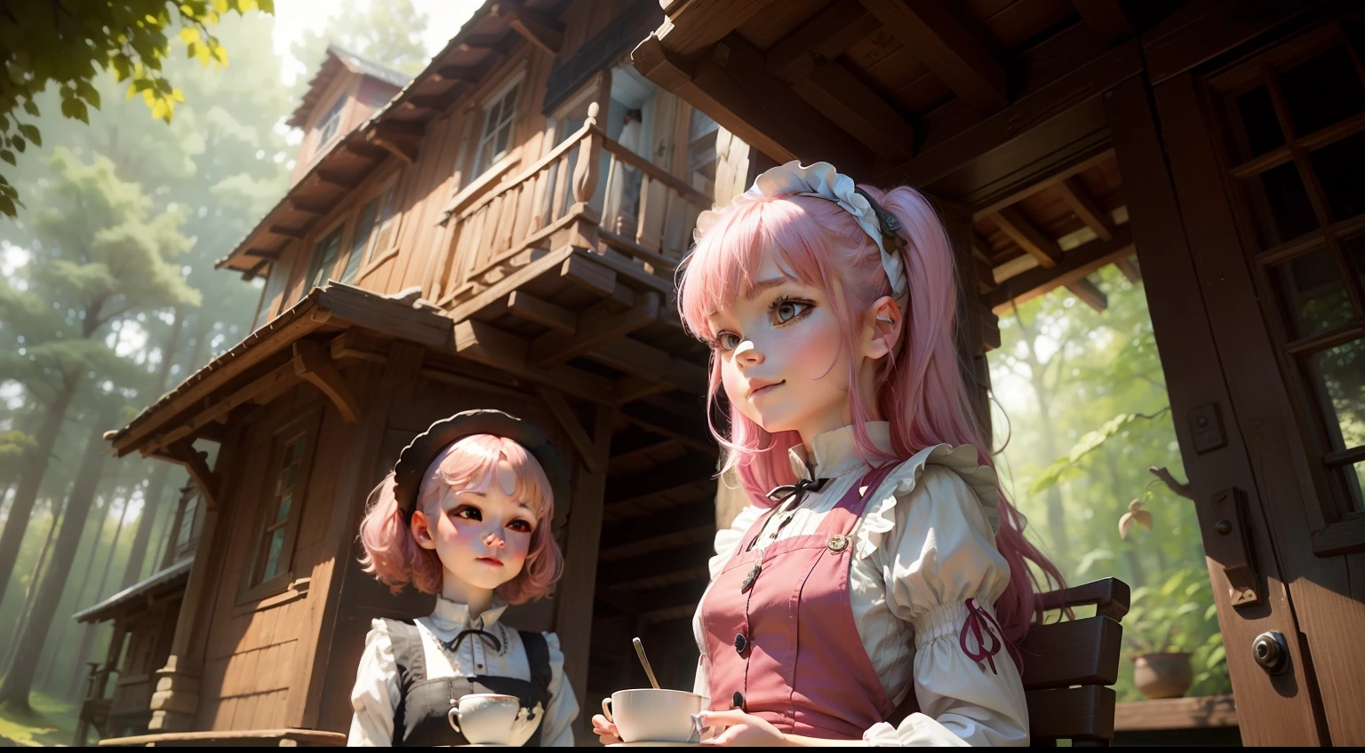 Girl with pink hair sitting in chair,In front of you is the desk,Hold a quill in your right hand,Holding a cup of black tea in his left hand,Look below the treehouse,The expression is gentle,The puppet maid stands next to her dressed as a maid,Stand facing the window,Plate in hand,On the plate are small desserts,Smile and look below the treehouse,down view