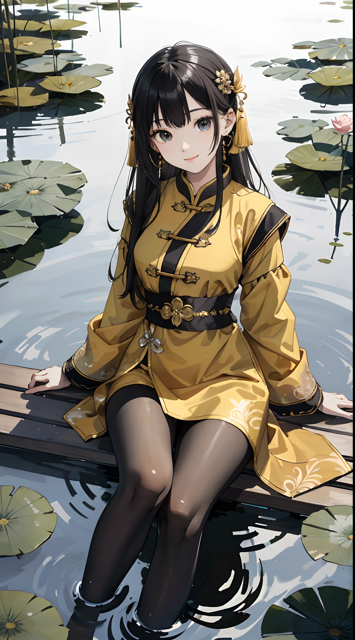 hoang lap，8K high resolution，ultra - detailed，（1girll：1.3），handpainted，Simple lines，16-year-old girl wearing golden Chinese clothes and black pantyhose，beuaty girl，In the lotus pond，tmasterpiece，Sit on a plank floating in the water，Floating hair，looking toward the viewer，ssmile，posed for photo，