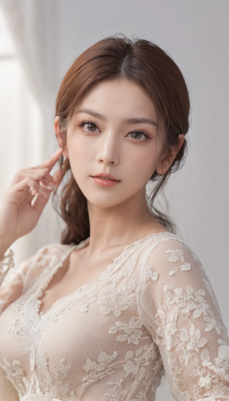 (top Quority,8K,tmasterpiece:1.3)(tempting pose),(Casual hairstyle, No leakage of big breasts:1.3),(from below)A smile、Young face、Omouq、Incredibly cute,(Gaze towards the viewer, Full body portrait、High Detail RAW Color Photo Professional Photo、hentail realism、Photorealism:1.37、Best shadows,超A high resolution、physically-based renderingt)、frenzied,realisticlying,tmasterpiece,Realistis,hight contrast,ultra - detailed,best qualtiy, 超A high resolution, realisticlying, A high resolution, A detailed, RAW photogr,Super detailed face,Detailed blue eyes,二重まぶた,White low-cut bra