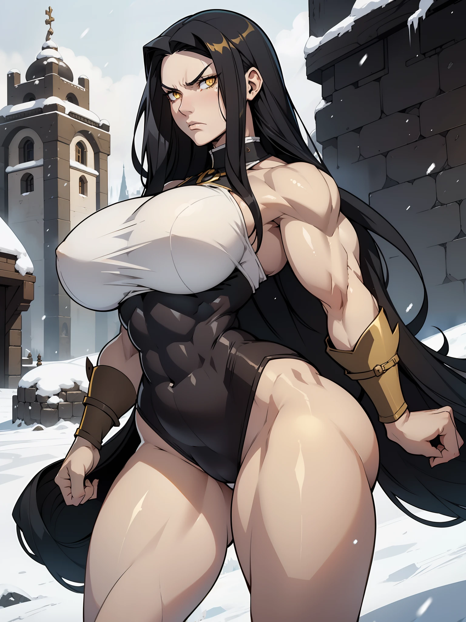 (1girl), black hair, extremely long hair, yellow eyes, (((muscular))), huge breasts, thick thighs, solo, angry, (pale skin), cowboy shot, snow, medieval