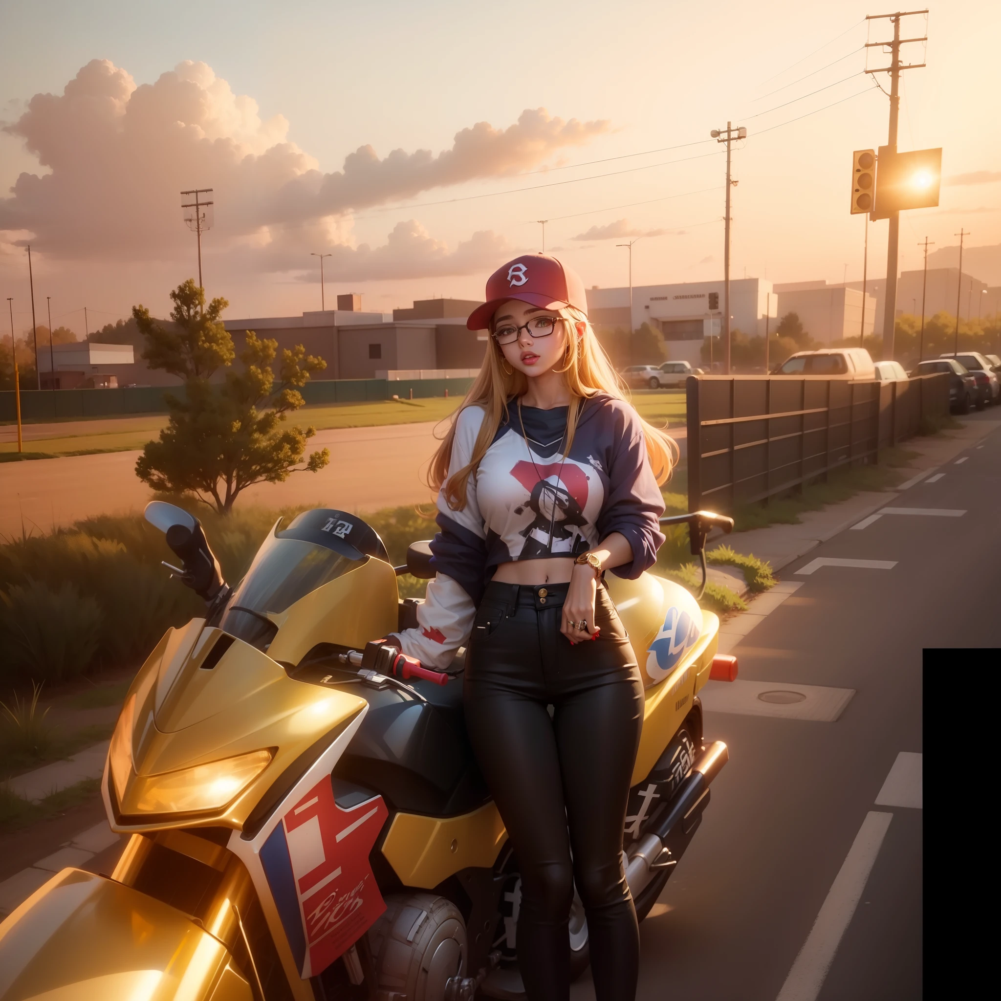 Girl in glasses and baseball cap, Realistic anime, Colorful Anime、Gold lips