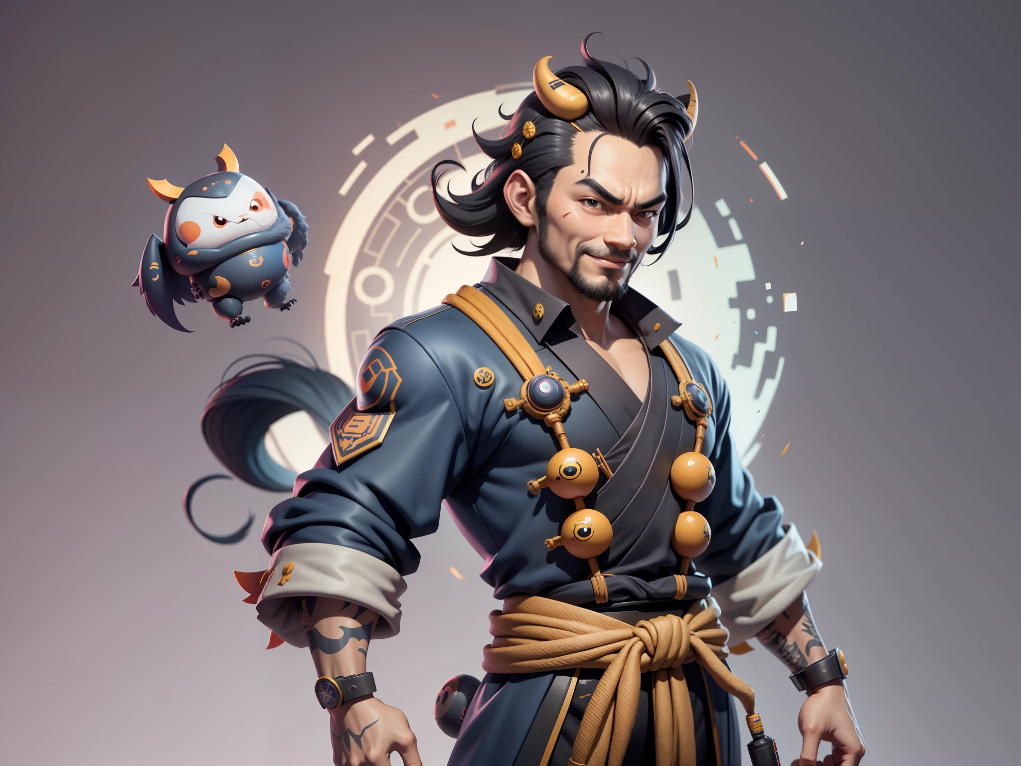(Daisaku),(Need),(Super meticulous),(full bodyesbian:1.2),Super young man with Japanese geisha,Beautiful,orient,one tiger,Aeolian Thor,Raised sexy,爆乳,Oriental face,TV Anchor,Bust portrait illustration,In black suit,a blue tie,The face is slightly chubby,The face was clean,without a beard,Black super short hair,Black eyes,Smile confidently,3C computer sub-products,iPad, iphone,Digital painting,3D character design by Mark Clairen and Pixar and Hayao Miyazaki and Akira Toriyama,The illustration is a high-definition illustration in 4K resolution,With very detailed facial features and cartoon-style visuals。