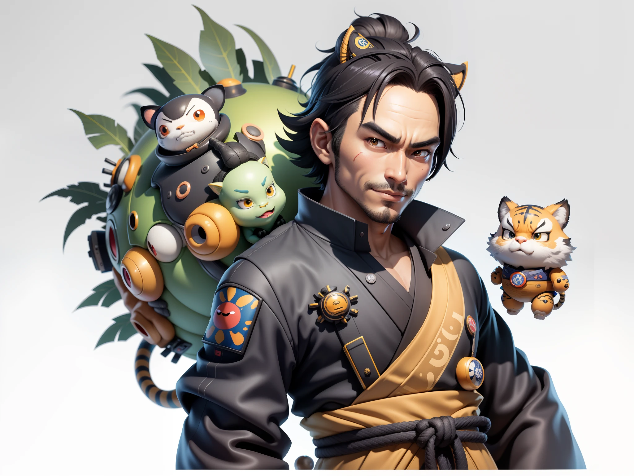 (Daisaku),(Need),(Super meticulous),(full bodyesbian:1.2),Super young man with Japanese geisha，Beautiful，orient，one tiger，Aeolian Thor，Raised sexy，爆乳，Oriental face，TV Anchor，Bust portrait illustration，In black suit，a blue tie，The face is slightly chubby，The face was clean，without a beard，Black super short hair，Black eyes，Smile confidently，3C computer sub-products，iPad， iphone，Digital painting，3D character design by Mark Clairen and Pixar and Hayao Miyazaki and Akira Toriyama，The illustration is a high-definition illustration in 4K resolution，With very detailed facial features and cartoon-style visuals。