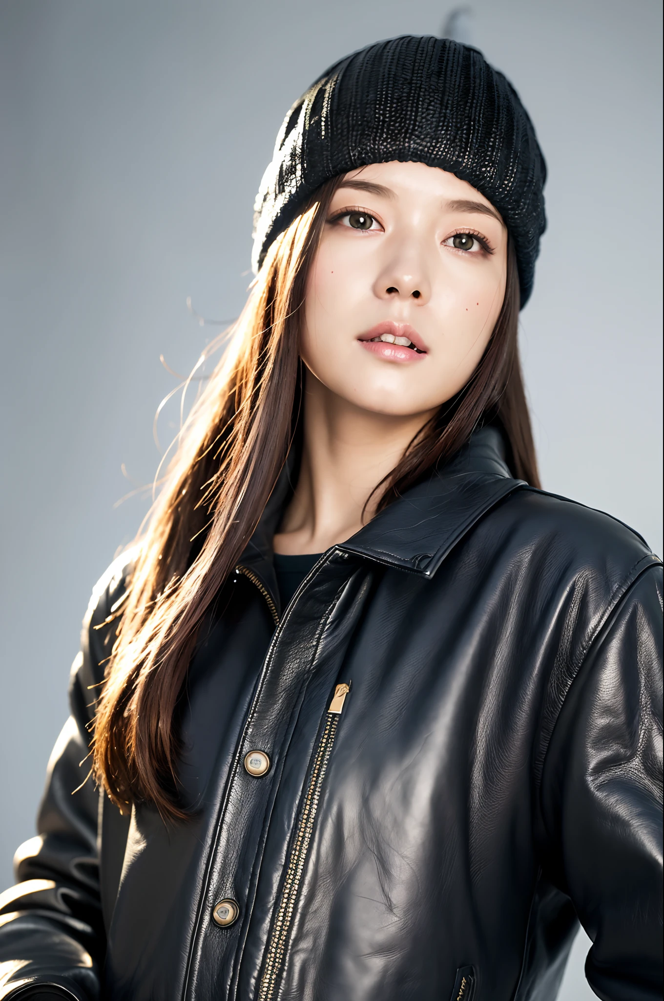 (
(8k:1.27), best quality, masterpiece, ultra highres:1.2) Photo of Pretty Japanese woman
 (beautiful:1.1) (sci-fi warrior woman:1.1) space soldier, (beanie:1.61) (leather jacket:1.21) intricate elegant, fantasy, detailed, ometric by greg rutkowski and alphonse mucha, gradient lighting