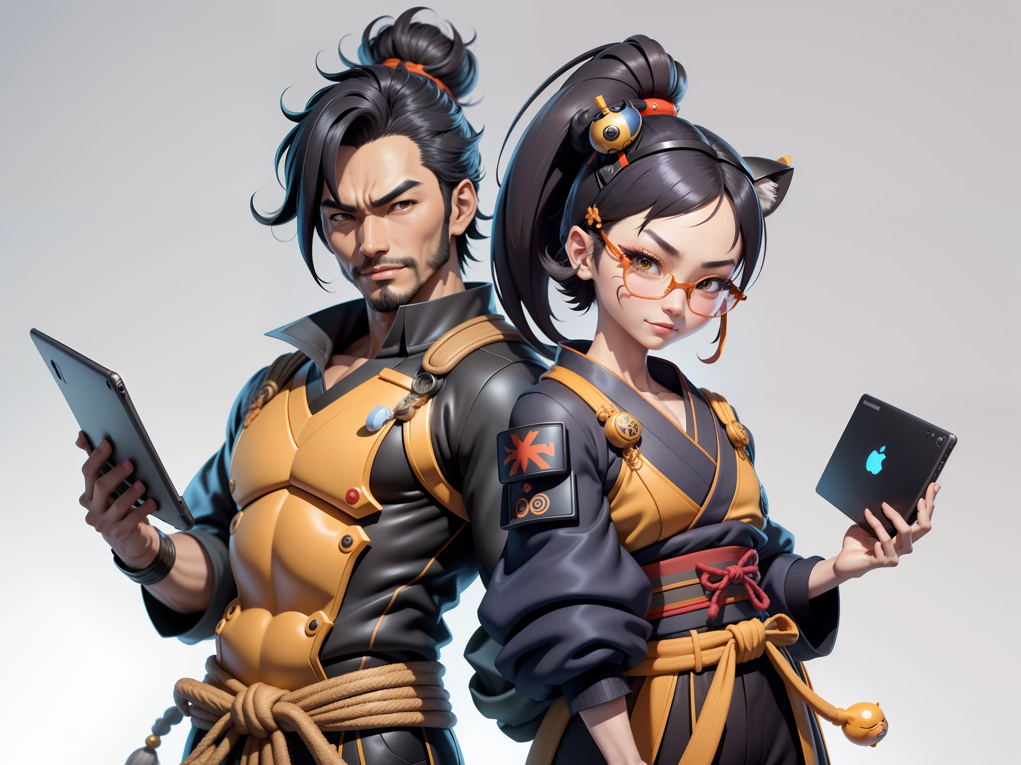 (Daisaku),(Need),(Super meticulous),(full bodyesbian:1.2),Super young man with Japanese geisha,Beautiful,orient,one tiger,Aeolian Thor,Raised sexy,爆乳,Oriental face,TV Anchor,Bust portrait illustration,In black suit,a blue tie,The face is slightly chubby,The face was clean,without a beard,Black super short hair,Black eyes,Smile confidently,3C computer sub-products,iPad, iphone,Digital painting,3D character design by Mark Clairen and Pixar and Hayao Miyazaki and Akira Toriyama,The illustration is a high-definition illustration in 4K resolution,With very detailed facial features and cartoon-style visuals。
