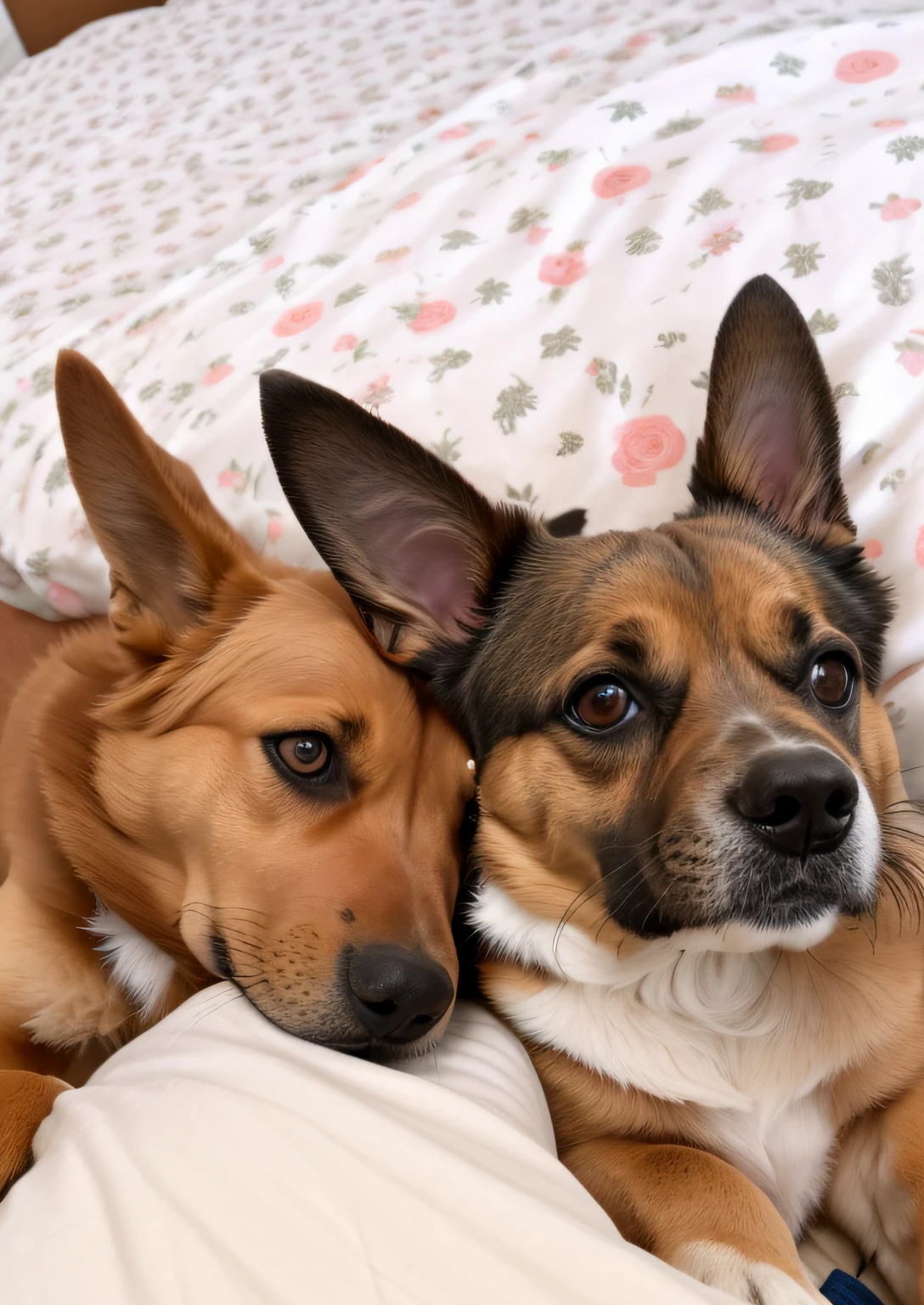 There are two dogs lying on a bed together on the covers, deitados de costas, Two dogs, 📷 Mungojerrie e Rumpleteazer, both smiling for the camera, They are close to each other, head-to-shoulder, Rostos bonitos, imagem 3d Afagam, they are all laying down, enquanto posa na mesma cama