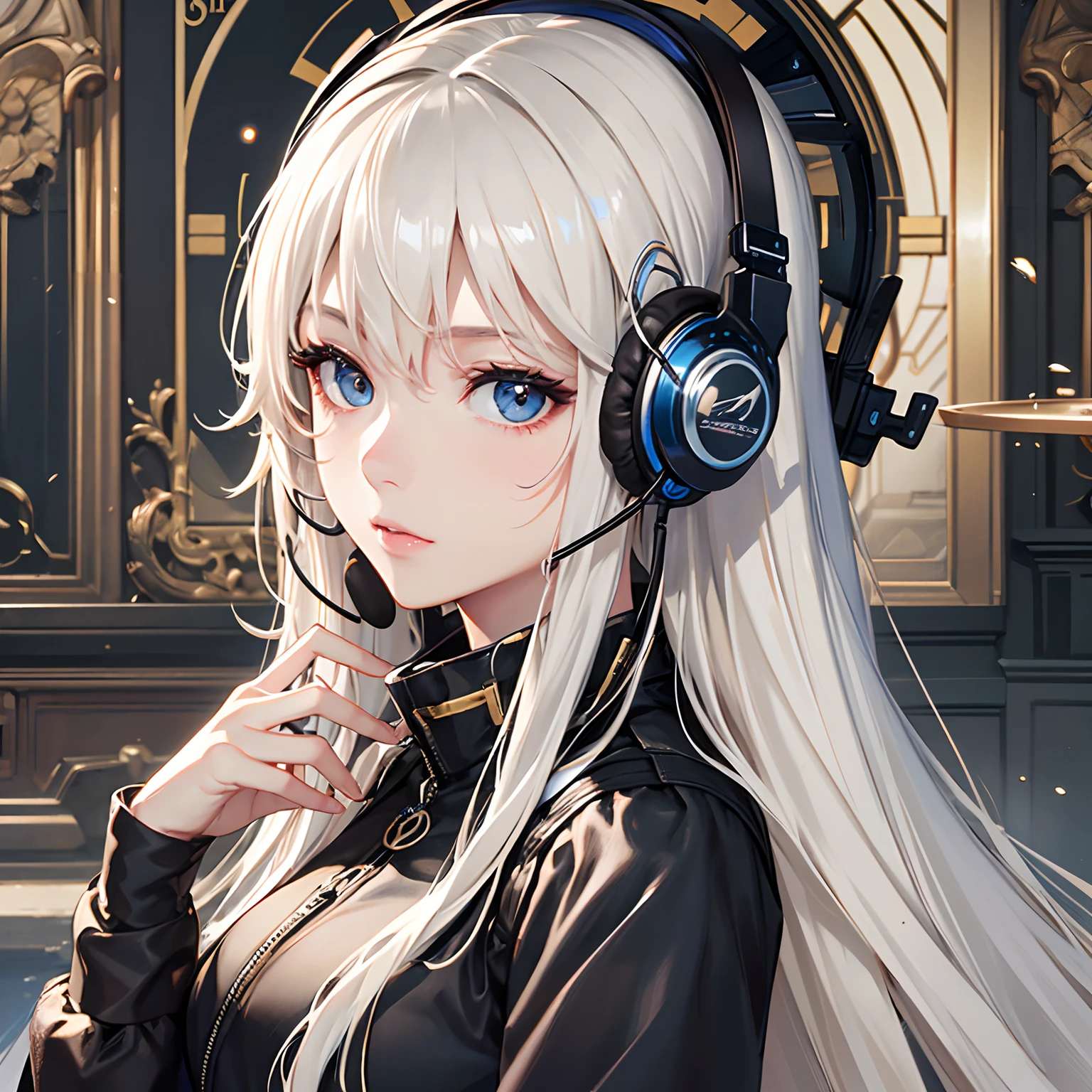 masterpiece、top-quality、hight resolution、High-quality images、8K、1womanl、detaileds、Detailed eye depiction、skin gloss、Glossy Long Platinum Blonde、Black Hair Band、anastasia、portlate、Lunette de soleil、headset on head