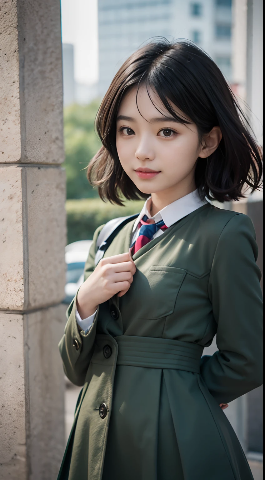 tmasterpiece,super high image quality,真实感,Three-dimensional feeling,physically-based renderingt,8K,Short black shoulder-length hair,A female high school student,Chinese face,Medium height,with a good figure,wind coat,JK school uniform,Dress generously,Back against the wall,stand posture,Front Shooting,fully body photo,ssmile,slightly red face,The background is real,Look at the audience,Well laid out,SLR shooting,