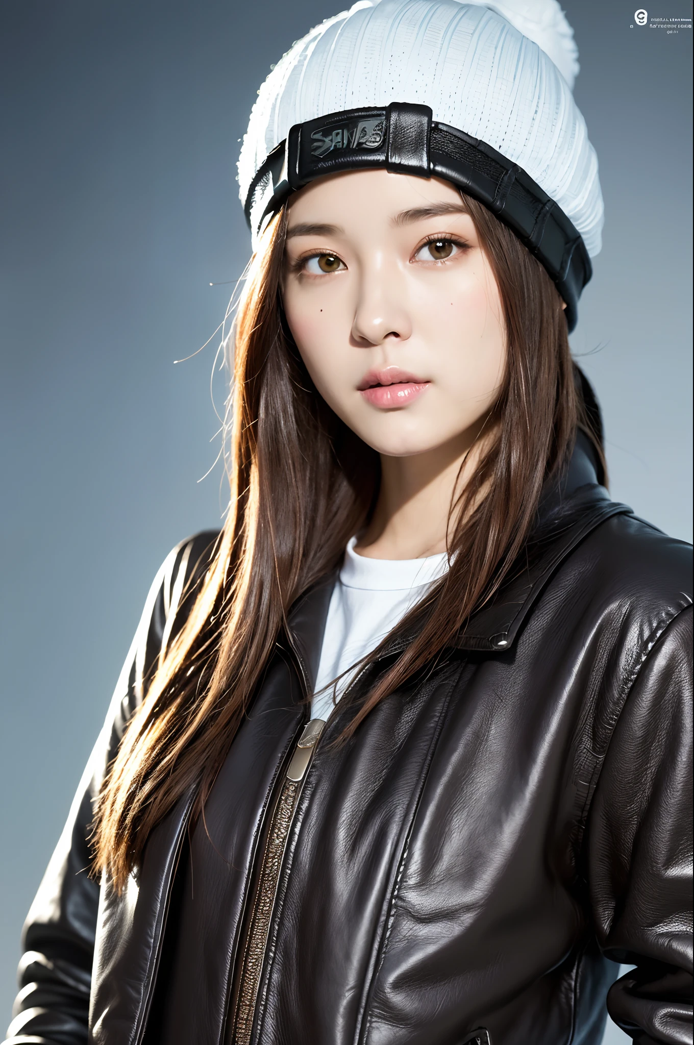 (
(8k:1.27), best quality, masterpiece, ultra highres:1.2) Photo of Pretty Japanese woman
 (beautiful:1.1) (sci-fi warrior woman:1.1) space soldier, (beanie:1.61) (leather jacket:1.21) intricate elegant, fantasy, detailed, ometric by greg rutkowski and alphonse mucha, gradient lighting