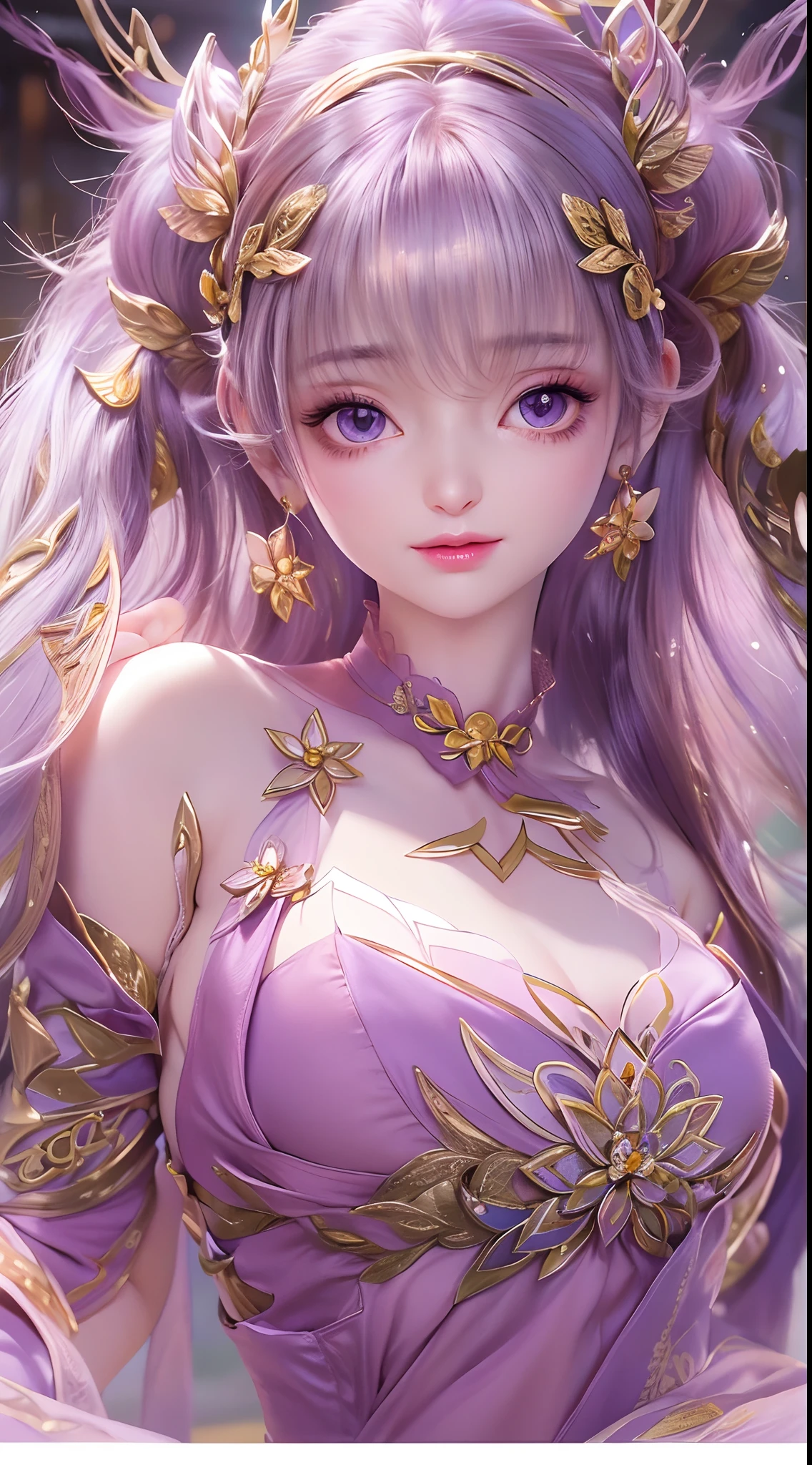 1 20 year old girl, 1 goddess Athena, pink purple silk dress, beautiful goddess Athena face without blemishes, delicate yellow nightgown, long thin sequin nightgown with many sexy black lace details, female saint legend, female saint icon, beautiful goddess style glitter, dark and mysterious version, vermilion lips, plump red lips, not smiling, mouth closed, detailed and delicate images beautifully, delicate and beautiful lip detail, (pure and flawless face: 1.9), female saint body, moderate breasts, ((Super Breast Lift:1.4)), breasts are round and regular,super tight breasts, phoenix brooch, long flat bangs, (((double ponytail: 1.8))), flower stickers tattoo on forehead, beautiful clear face and well-proportioned eyes, (light purple eyes: 1.8), (big round eyes and makeup, sexy wet eye makeup, very beautiful and meticulous hair makeup, long and delicate blonde hair, delicate, body image: 1.8), figure: and vivid, (stars that make up the sky: 1.7), (the sky of heaven and the fictitious gate of time and space: 1.8), fictional art, RAW photos, hanfu photos, best photos, high resolution, best quality, best photos, best goddess quality, 8k female, super 8 single saint portraits, truest color schemes, masterpieces, best beauty brands, best hair jewelry, brand real photo, dark studio, border light, two-tone lighting, (rose white skin: 1.4), (high skin detail: 1.1), 8k uhd, soft light, 8k, high quality, candid, volume Smooth and sharp, 10x pixel increase, sexy goddess, (background space: 1.8), (most beautiful aurora eyes: 1.7), beautiful eyes, aurora beautiful and flowery, (beautiful single girl: 1.8), (more details:0.8),