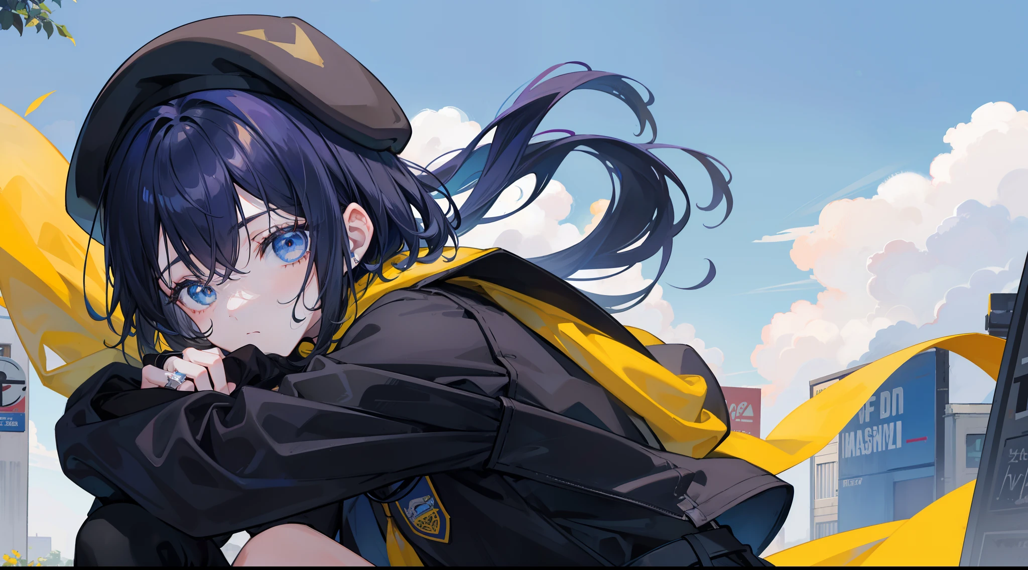 icon of a teenage boy with messy and short hair, mas arrumado e franja sobre um olho, wearing a black school uniform with black jeans while holding a beret on his head while wearing a large yellow scarf completely covering his mouth, The background was a blue sky, and his hand was on her beret pulling her down, wearing a ring on the hand, ao fundo notas de musicas neon lofi