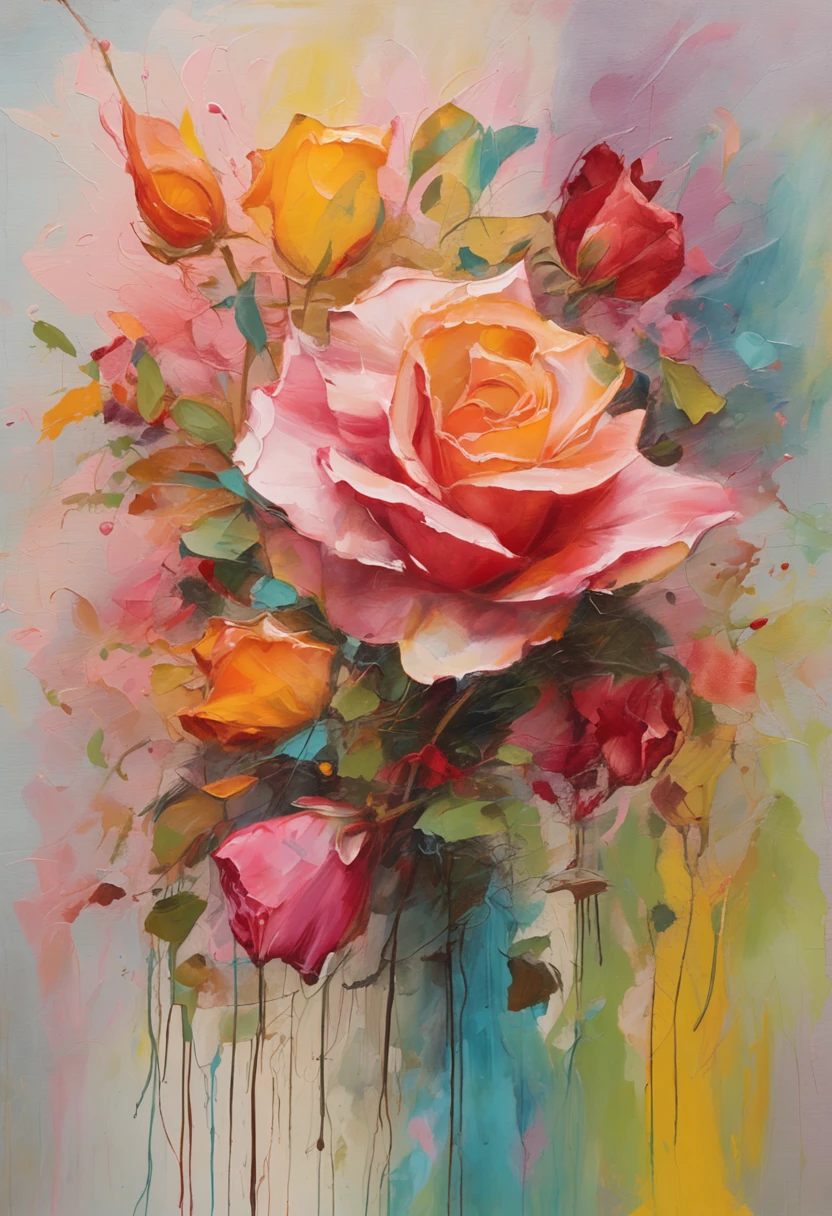 wtrcolor style, (rose) digital art, pastel light color background, official art, blown by the wind, masterpiece, beautiful, ((watercolor)), paint splatter, intricate detail. Great detail, [dripping:0.7], Trending on Artstation, Rachel Walker