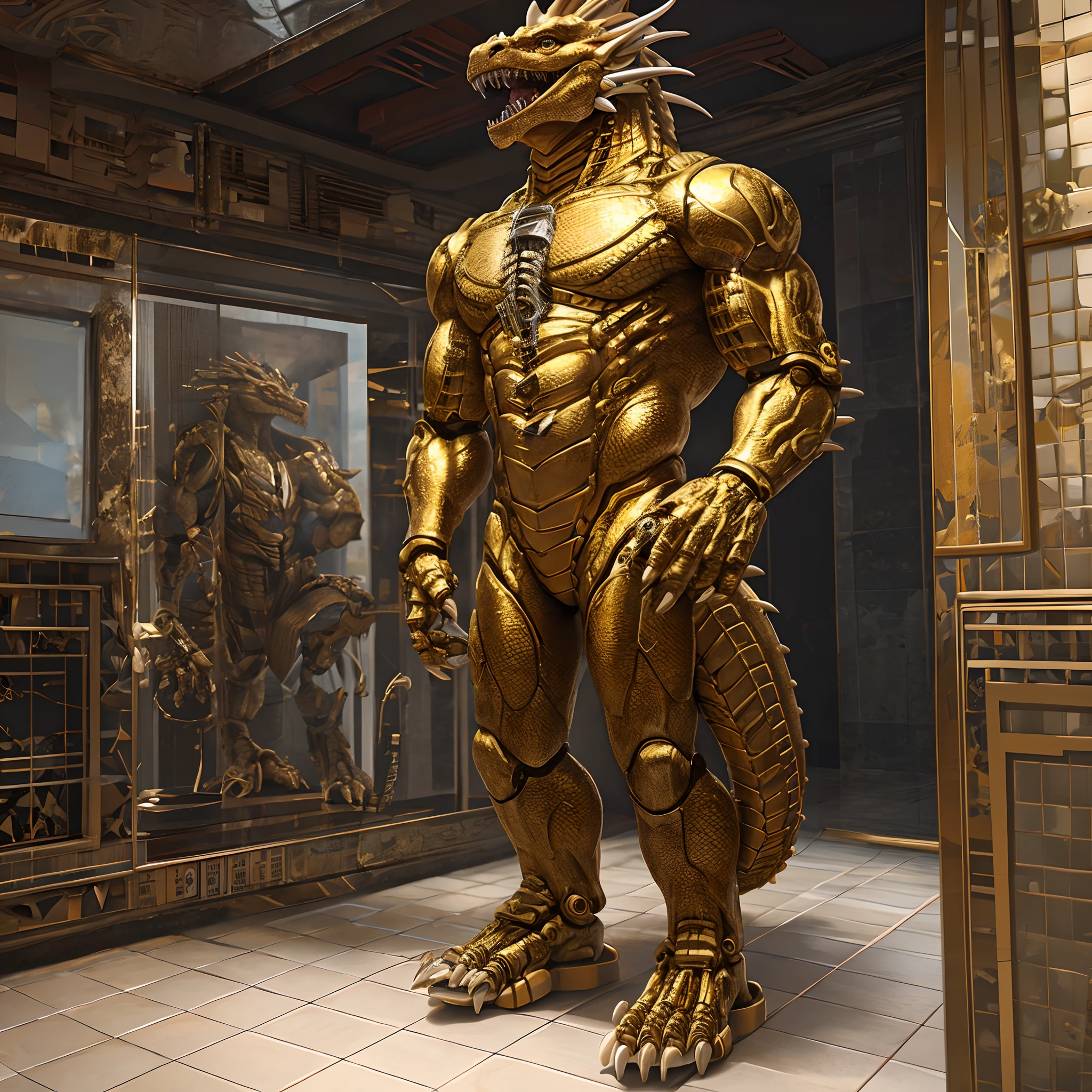 Humanoid golden mechanical dragon,Holding white sandals,Standing on the tiled floor of the apartment。high-definition image,Rich and realistic in detail,high qulity。Extremely detailed CG