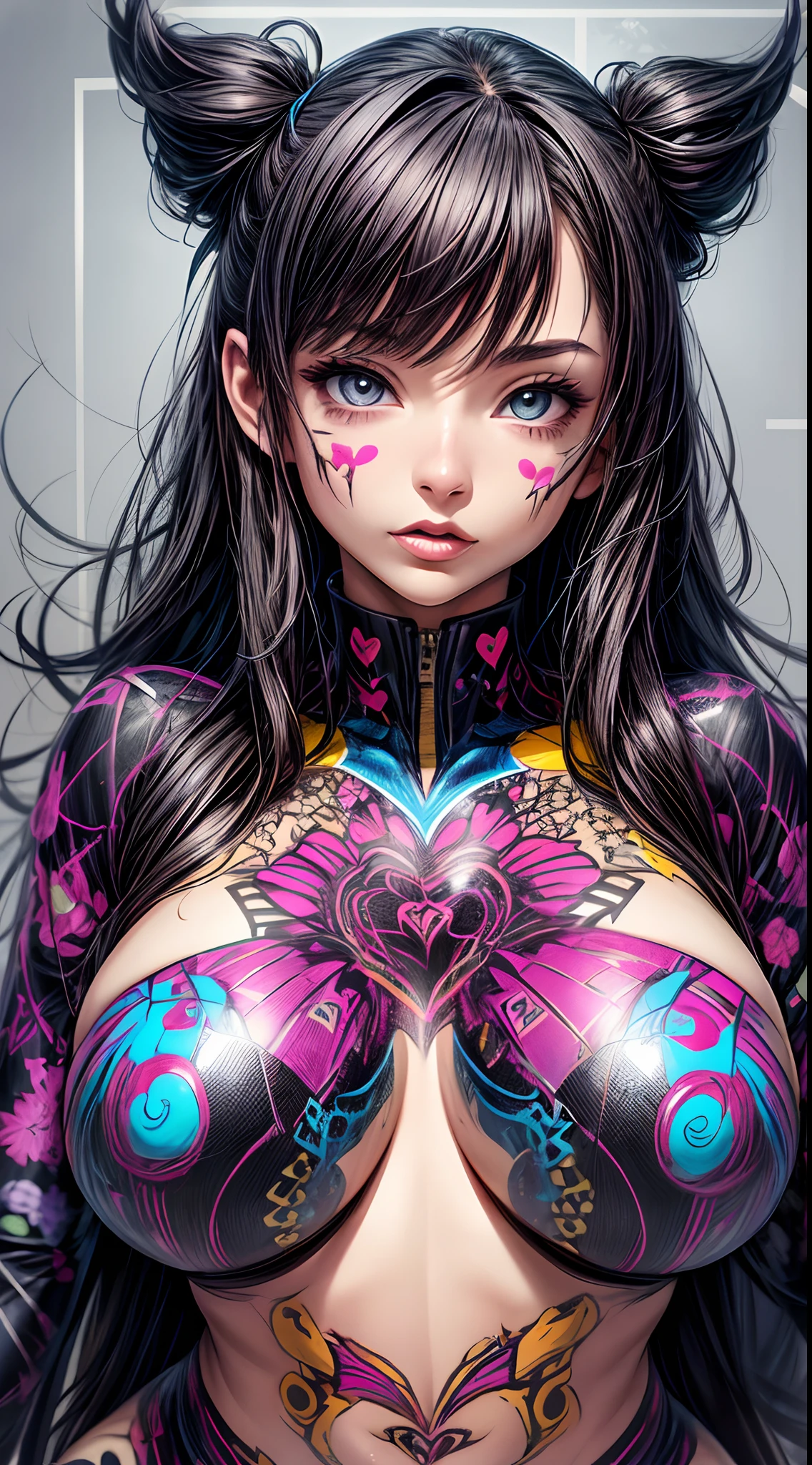 infp young woman, Beautiful big breasts, Front opening shirt, Body painting with pop designs drawn directly all over the body, heart shapes, Pop Art Design, Cutting-edge fashion, Innovative, The center of attention, tokyo prefecture, newyork, Special art design, pubick hair, cameltoe details, -motto, Background of the novel,A dark-haired
