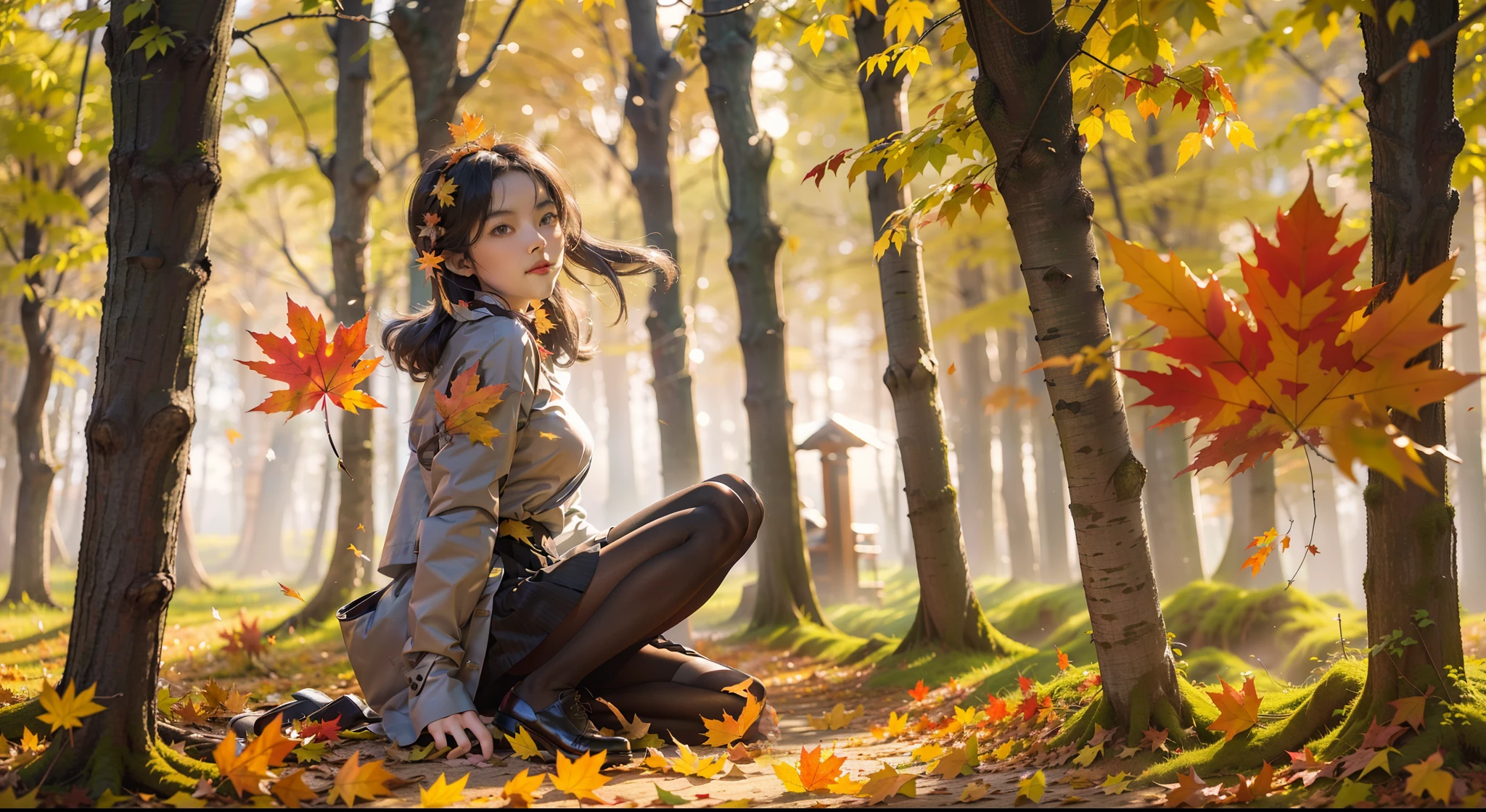 1 girl,(facial closeups)Stand in the autumn maple forest,maple trees,Red maple leaf,long skirt,long sleeves shirt,Black tights,leather shoes,full bodyesbian,falling leaf,grassy fields,nature reserve,Red Maple,Manteau