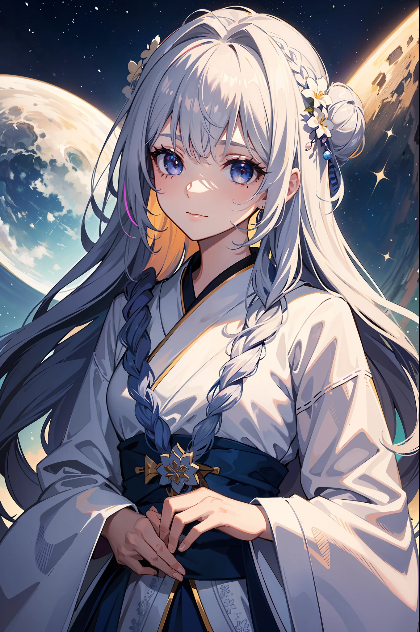 {{Extremely detailed Cg Unity 8K wallpaper,Masterpiece, Best quality, Ultra-detailed}}, {{created by famous artists,Ray tracing ,Best illumination, Best shadow, Highly detailed skin,Colorful glitter,highly details eye ,Highly detailed face ,Reflective eyes ,reflective hair,highly detailed hair,Extremely delicate and beautiful background}},Dramatic angle,{{Nature,cute face,}} Floating hair,{full bloom,Colourful}, {{illustration}},{painting of beautiful},{{{side locks,double tails,gradation hair,multicolored hair,Extremely long,double tails,SideBraid,ahoge,Neon rainbow hair,Bun hair,Glowing hair ,Moles under eyes,glossy eyes,Crystal watery eyes ,Long eyelashes,Beautiful eye shadow}}},{{intricately details}},Solo, Fairy{{{{hippy}}}} blend, {{Beautiful and detailed galaxy}},synthetic wave,Seductive smile,{{{{view the viewer,facial closeups}}}},{{{{{arms behind head}}}}}, {{Sailor dress:Obi : 0.4}},{{{{Flower crown,Violet,White scarf}}}},{Detailed face painting}
