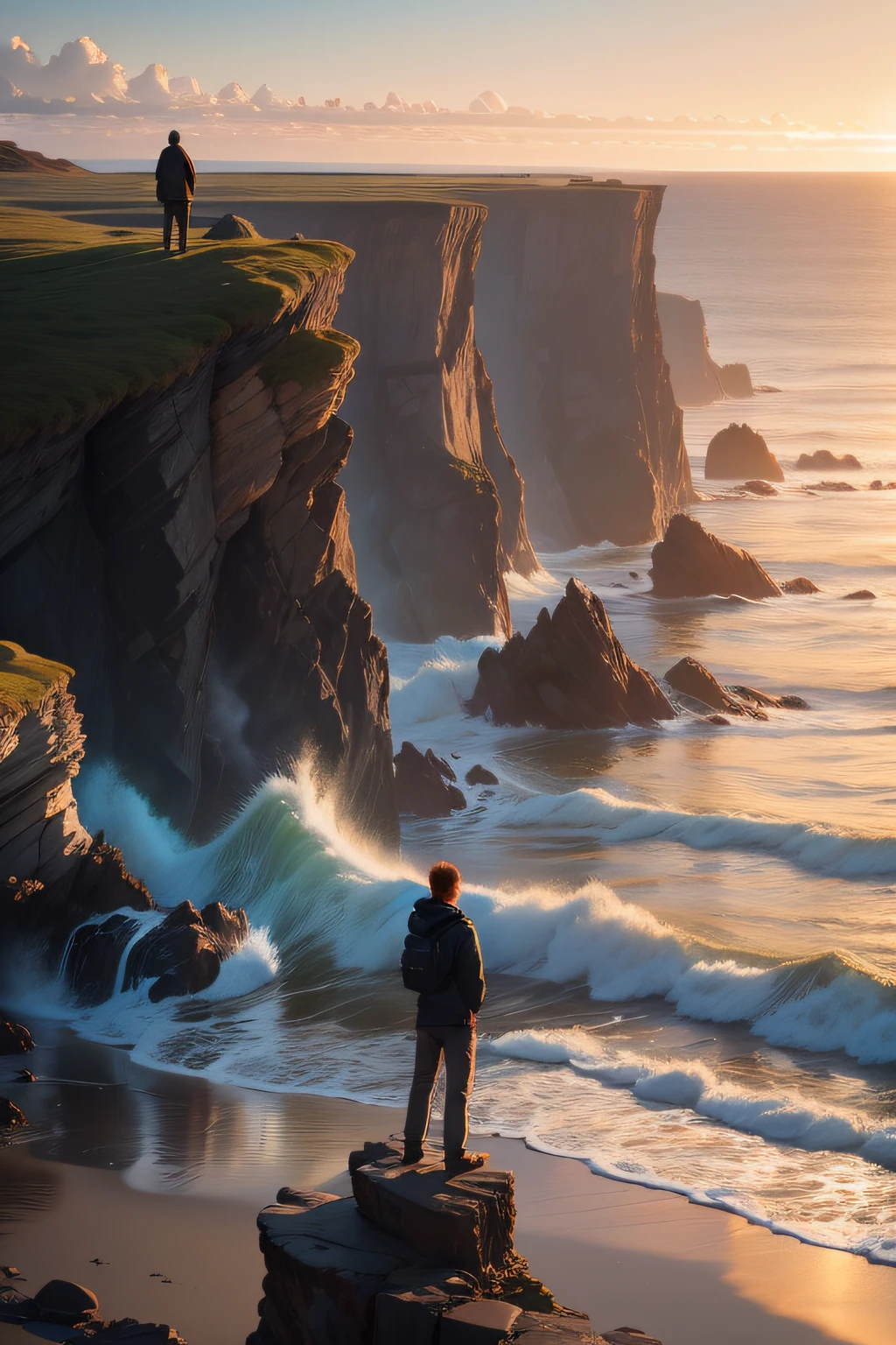 A solitary figure standing on a rugged cliff at the edge of the ocean during sunrise, waves crashing against the rocks below, the warm light painting the scene in golden hues, a sense of contemplation and tranquility in the air, Photography, shot with a wide-angle lens (24mm) at f/8, capturing the vastness of the landscape and the details in the person's expression