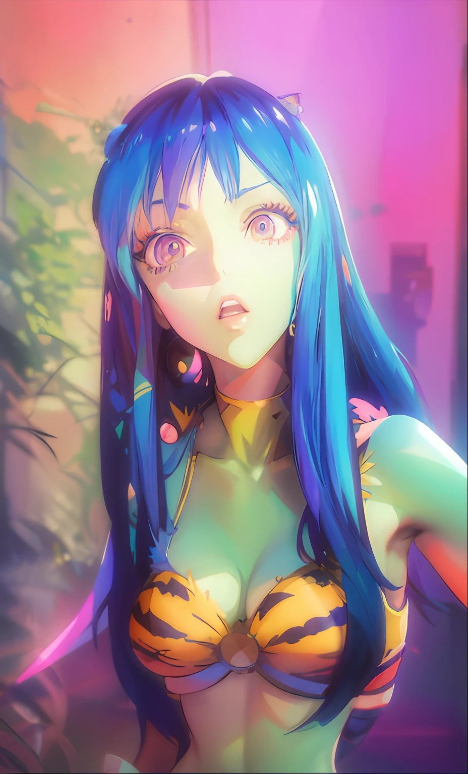 Anime girl posing in front of wall with blue hair and tiger print bikini, Nico Robin, anime cgi, dreamy psychedelic anime, Anime style mixed with Fujifilm, portrait knights of zodiac girl, anime cgi style, Anime style. 8K, anime styled 3d, anaglyph effect ayami kojima, advanced digital anime art, advanced anime digital art, digital anime art