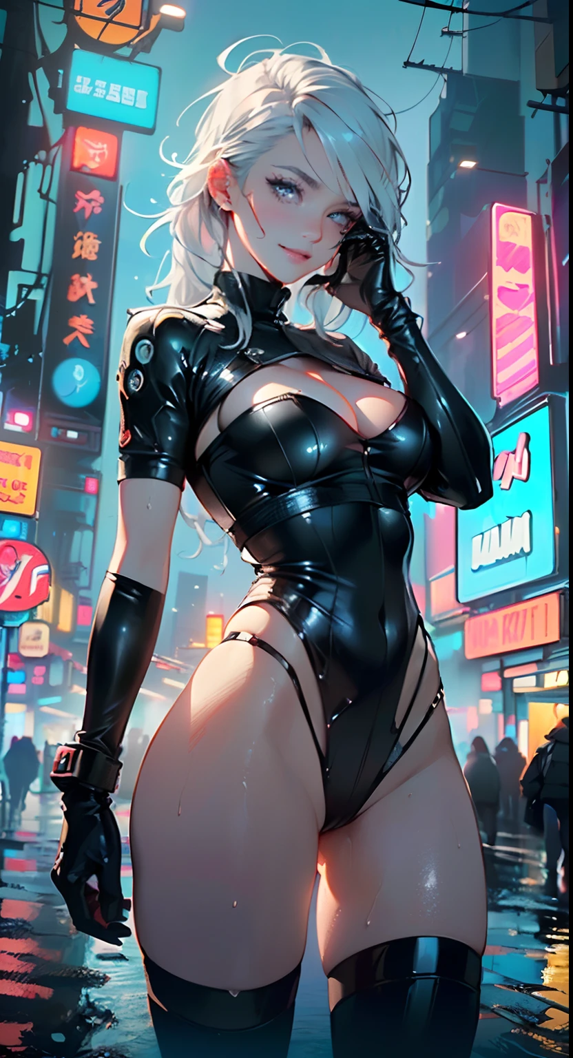 girl hacker,(((1girl))),((girl with extremely cute and beautiful silver hair)),
(large breasts:1.4),saggy breasts,(((silver hair:1.35,straight hair,long hair:1.4,colored inner hair,ear breathing))),((blue eyes:1.3,upturned eyes:1.3,perfect eyes,beautiful detailed eyes,gradient eyes:1,finely detailed beautiful eyes:1,symmetrical eyes:1,big highlight on eyes:1.2)),((fat)),((((pale skin,lustrous skin:1.5,bright skin: 1.5,shiny skin,very shiny skin,shiny body,plastic glitter skin,exaggerated shiny skin,shiny skin like ebony,illuminated skin,wet legs))),(spider lower abdomen,narrow waist,wide hip,athletic body,inflated legs,delicate detailed fingers,detailed body,human hands,(detailed face)),
cute,slutty,seductive,erotic,(((nsfw))),
zettai ryouiki,revealing clothing,show skin,((hacker outfit,visible thong straps)),(wearing a hacker outfit:1.3,hacker clothes),((wet clothes,detailed outfit,detailed clothes)),
(dynamic pose:1.0),solo focus,((evil smile,evil look)),(centered,scale to fit dimensions,Rule of thirds),
((((cyberpunk city by the ocean,neon signs,puddles)))),stormy sky,threatening sky,dark clouds,((synthwave background theme,detailed background : 1.25)),((((night,nice lighting decorations,detailed architecture)))),
(best quality,high resolution,sharp focus,ultra detailed,extremely detailed,extremely high quality artwork,(realistic,photorealistic:1.37),8k_wallpaper,(extremely detailed CG 8k),(very fine 8K CG),((hyper super ultra detailed perfect piece)),flawless,(((masterpiece))),illustration,vibrant colors,(intricate),High contrast,Selective lighting,Double exposure,HDR (High Dynamic Range),Post-processing,Background blur,colors,(intricate),High contrast,Selective lighting,Double exposure,HDR (High Dynamic Range),Post-processing,Background blur,