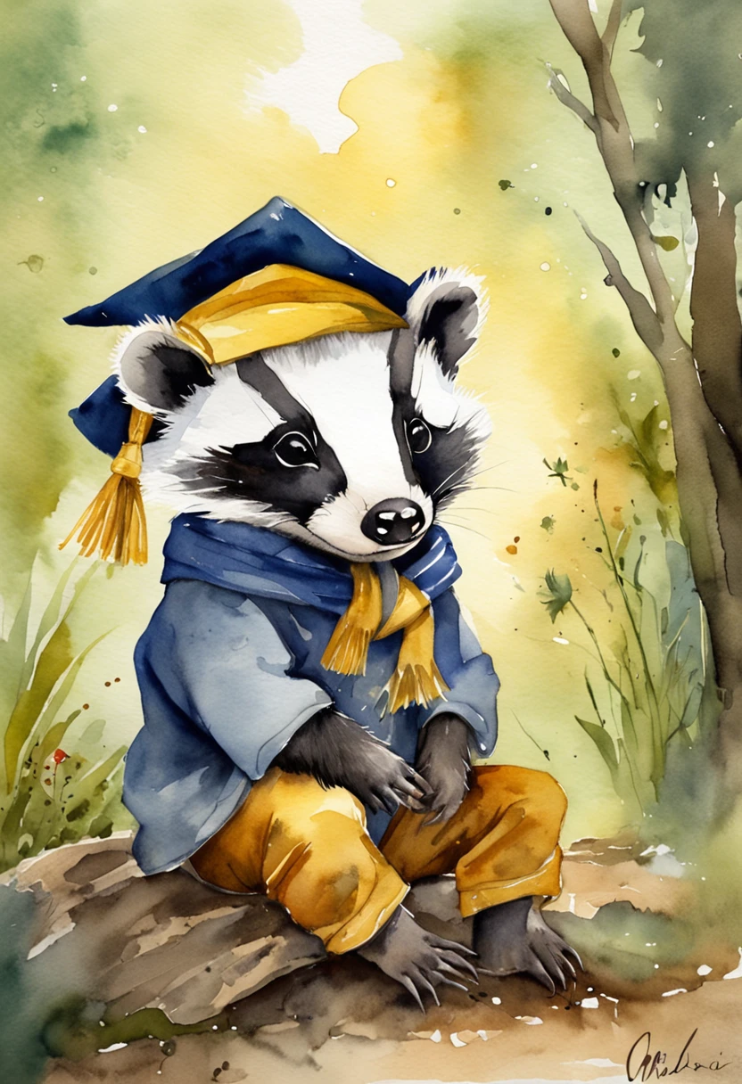 Baby badger wearing a Hufflepuff scarf and sorting hat