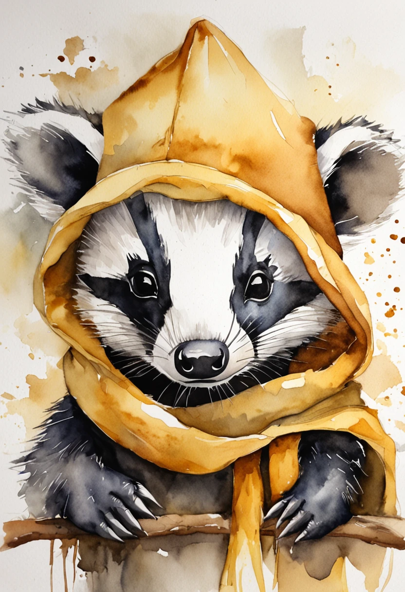 Baby badger wearing a Hufflepuff scarf and sorting hat