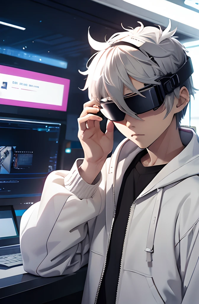 Gray-haired Japanese anime youth,Wearing VR glasses,, White hoodie, White shorts, The Matrix,16 yaers old,Wear white VR glasses,Hacking background