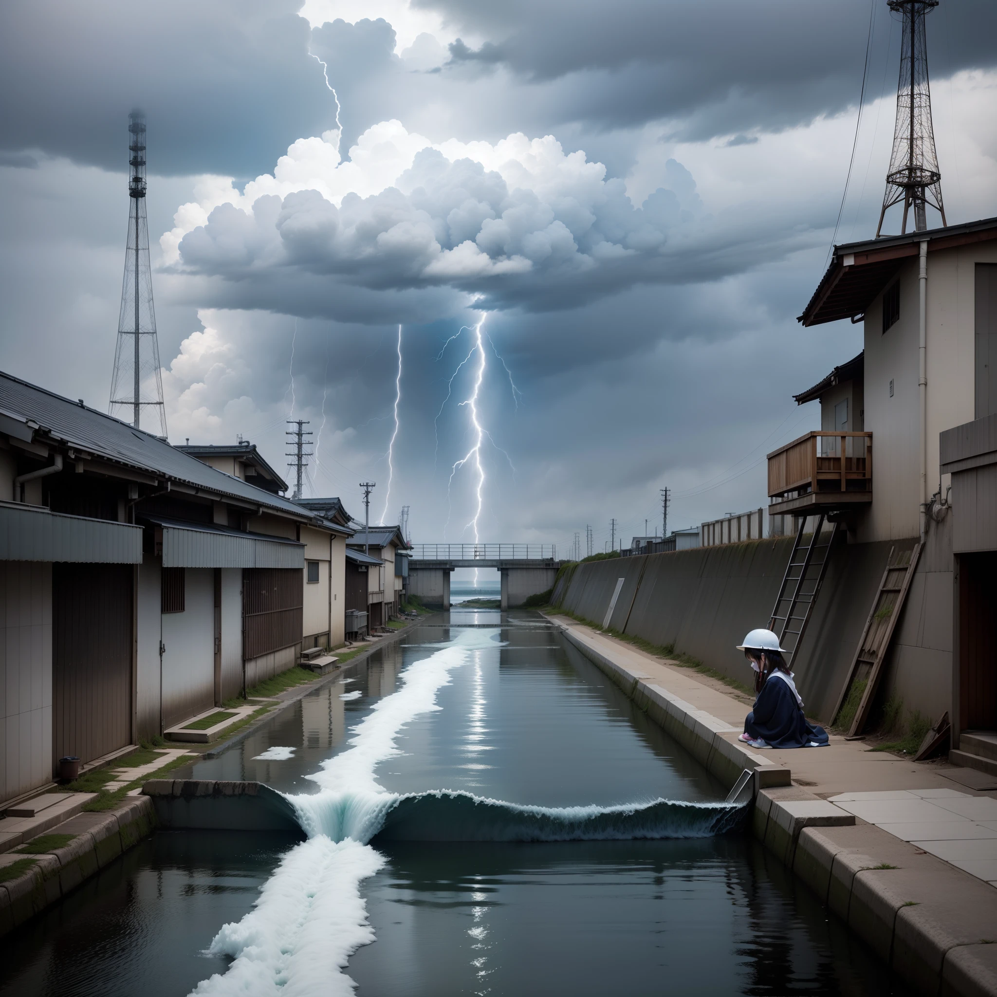 Japan's nuclear wastewater is discharged into the sea，The sky is lightning and thunderous，The  girl in white sat on the water crying